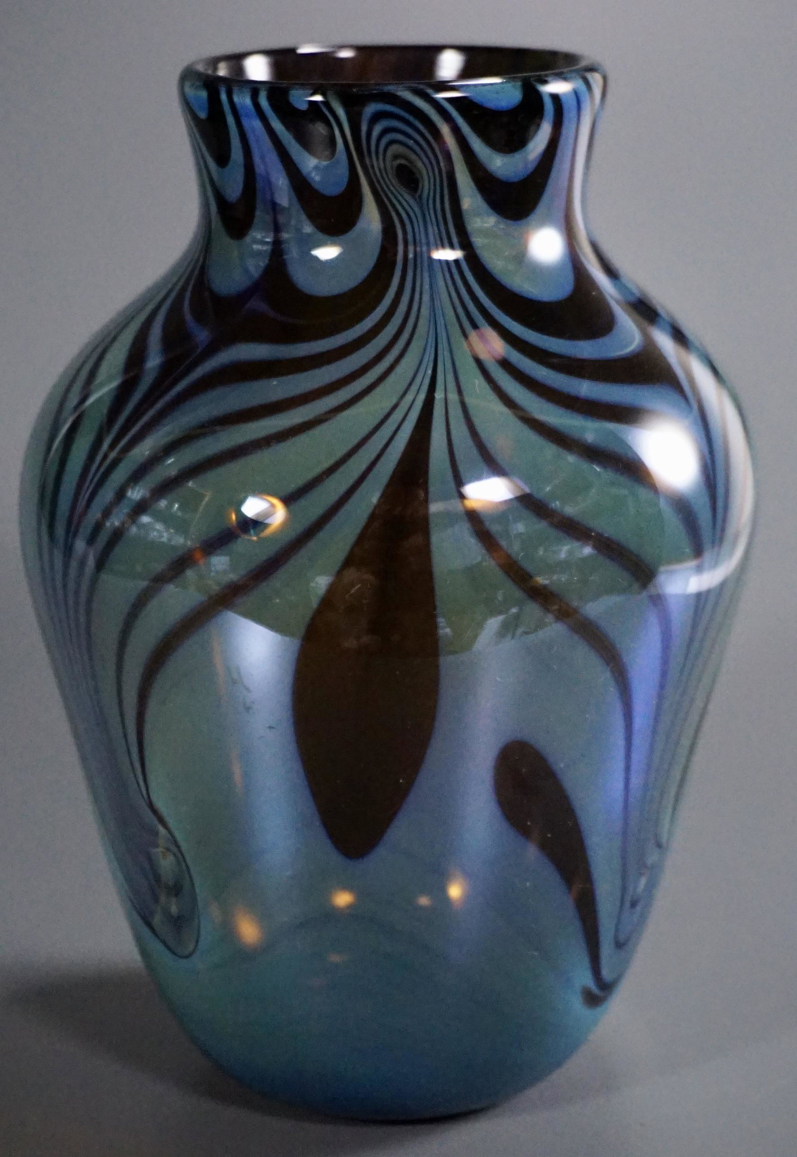 David Camner Artist Signed Opaque Pulled Feather Pontil: David Camner Artist Signed Opaque Pulled Feather Pontil Blown Vase Californian Art Glass Approximately 7 1/6 inches tall.