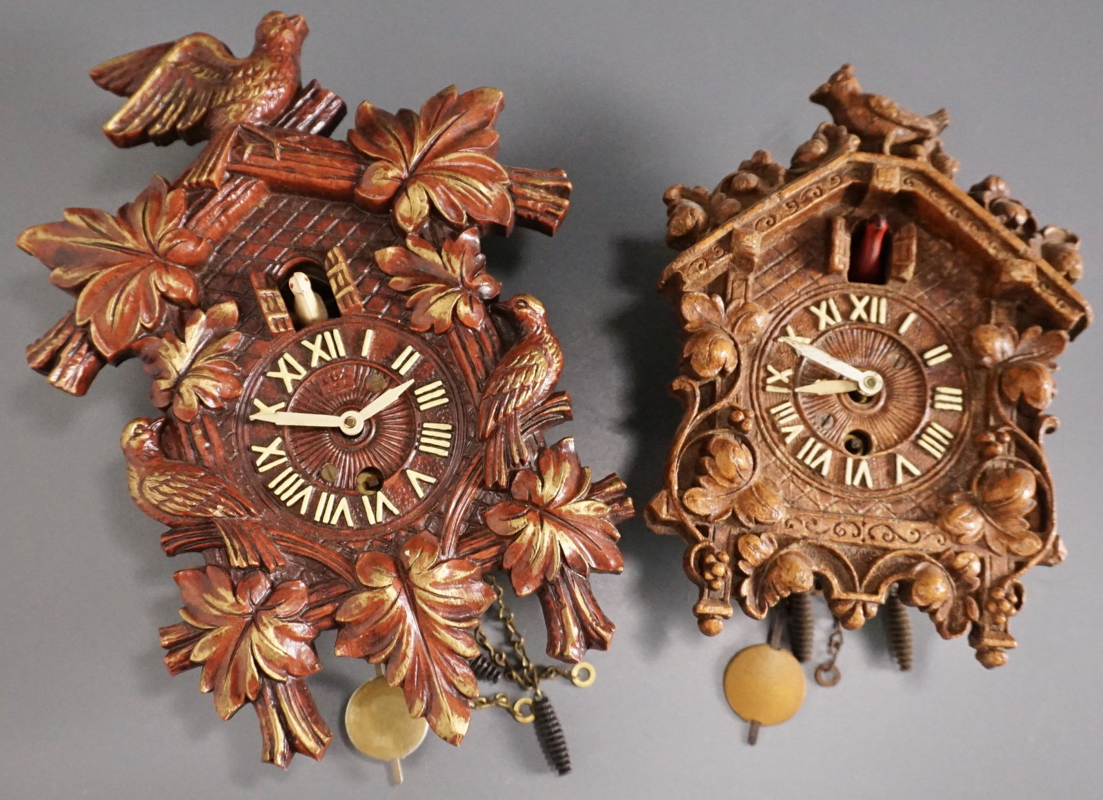Lux Vintage Miniature Cuckoo Clock Lot of 2 Pendulette: Lux Vintage Miniature Cuckoo Clock Lot of 2 Pendulette Wall Clocks c 1940 Approximately 7 5/8 x 5 11/16 inches and 6 1/16 x 4 1/4 inches (case only).