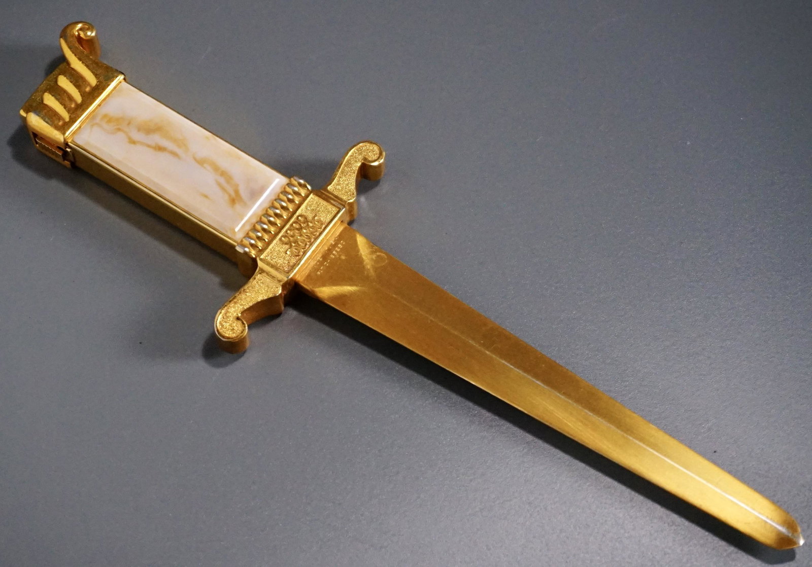 ASR Ascot Dagger Desktop Cigarette Lighter Letter: ASR Ascot Dagger Desktop Cigarette Lighter Letter Opener Brooklyn NY c1960 Approximately 9 11/16 inches.