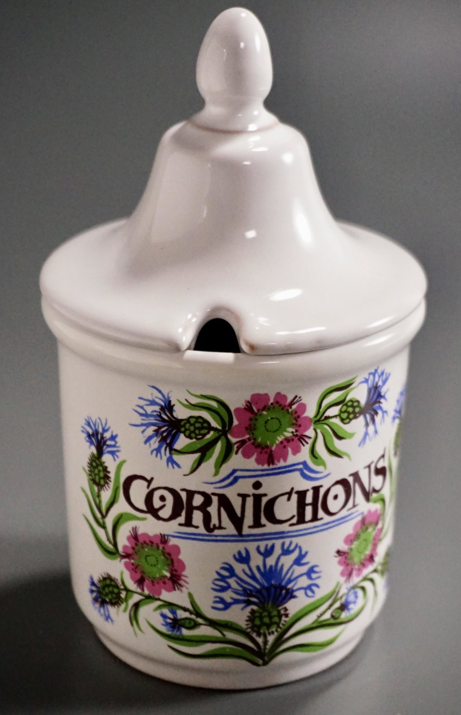 French Provence Estello Flourado Cornichons Pottery: French Provence Estello Flourado Cornichons Pottery Mustard Pickle Jar Approximately 6 inches tall overall.