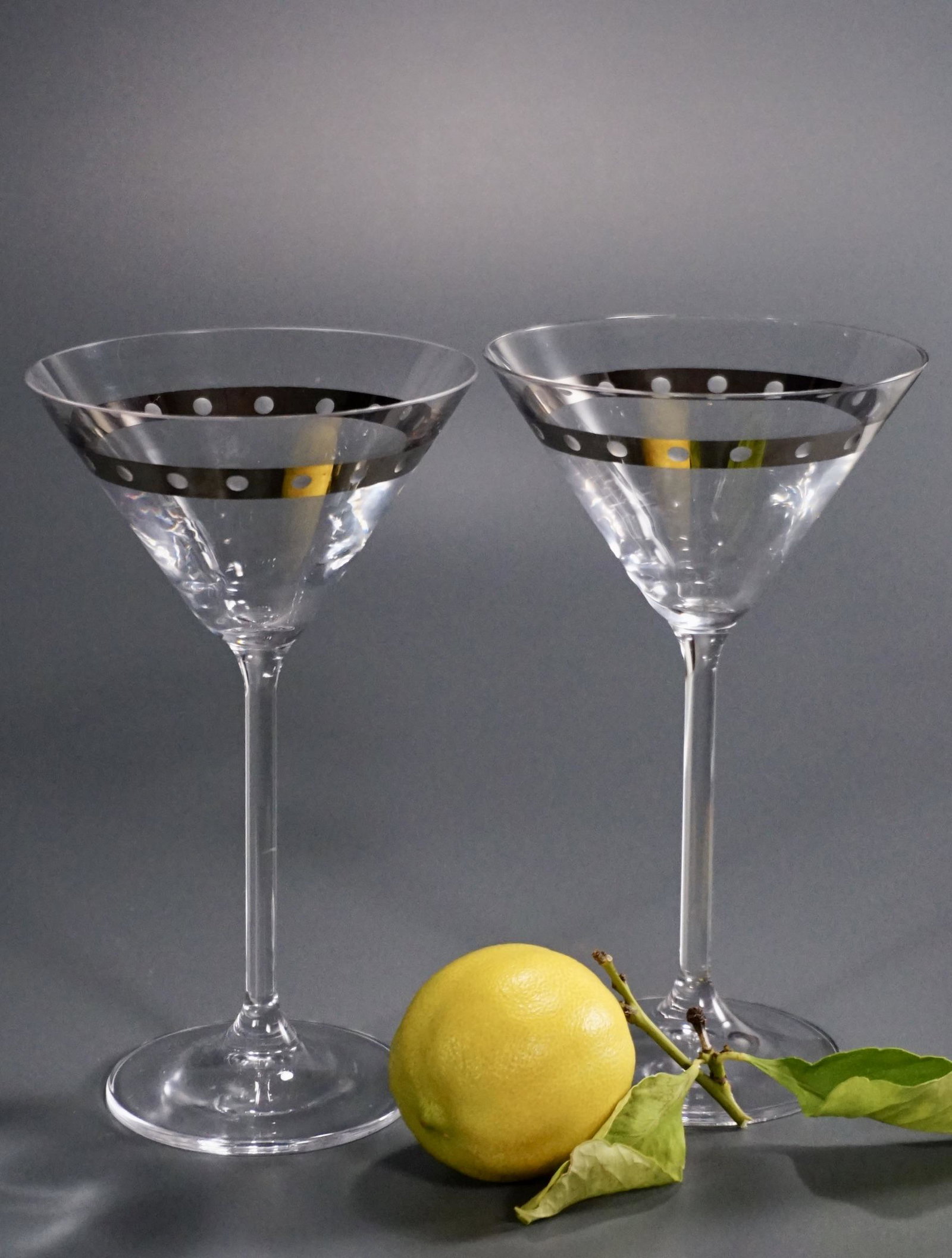 Art Deco Dotted Silver Trim Martini Glasses Lot of 2: Art Deco Dotted Silver Trim Martini Glasses Lot of 2 Approximately 4 1/16 inches in diameter x 7 inches tall.