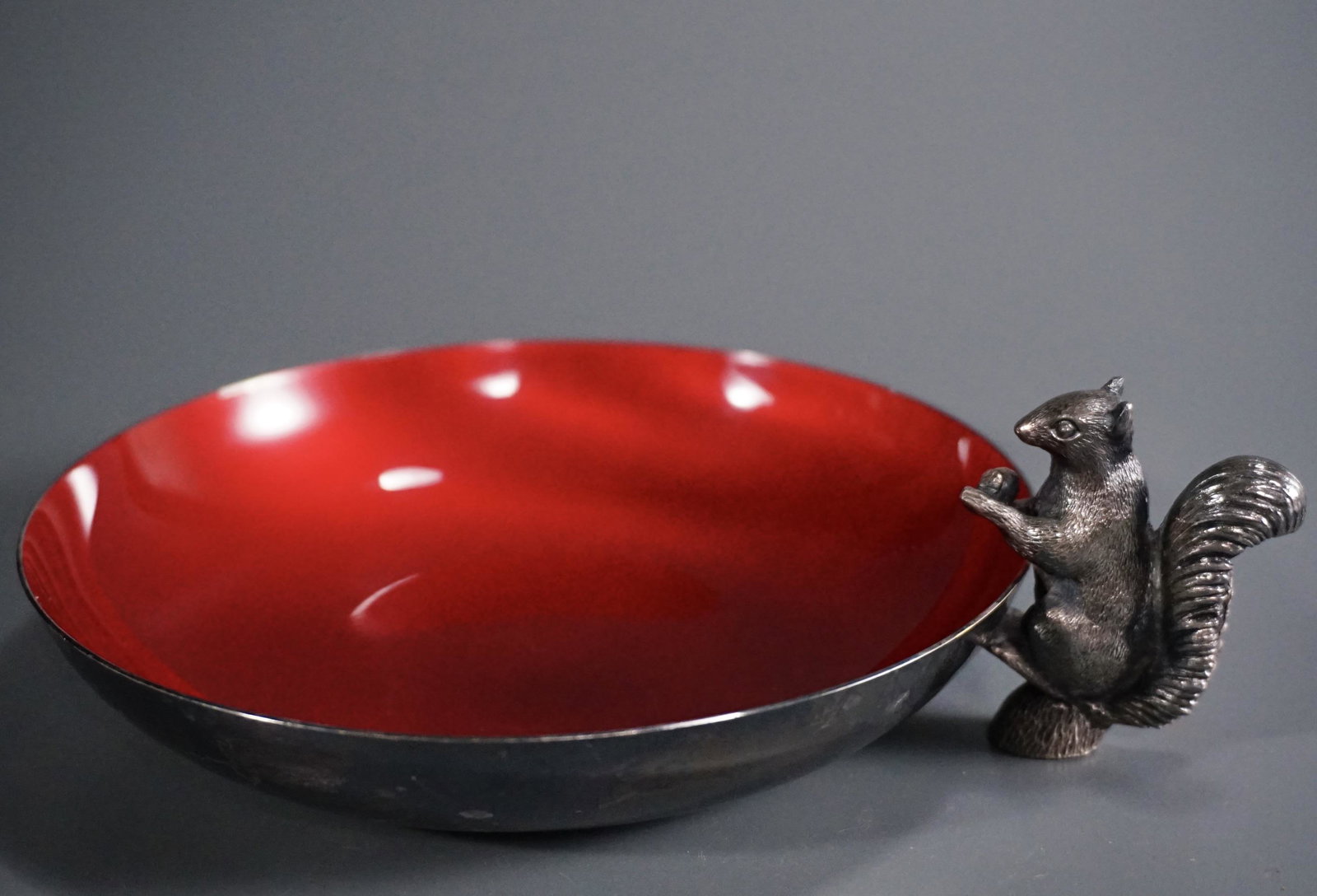 Reed & Barton Squirrel Red Enamel Silver Plate Nut Dish: Reed & Barton Squirrel Red Enamel Silver Plate Nut Dish Bowl Approximately 7 x 5 11/16 inches.