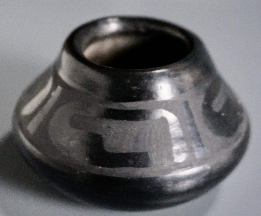 Martinez Vessel Pottery Bowl Black on Black Geometric: Martinez Vessel Pottery Bowl Black on Black Geometric Design San Ildefonso Pueblo Approximately 2 1/16 x 3 1/2 inches in diameter.