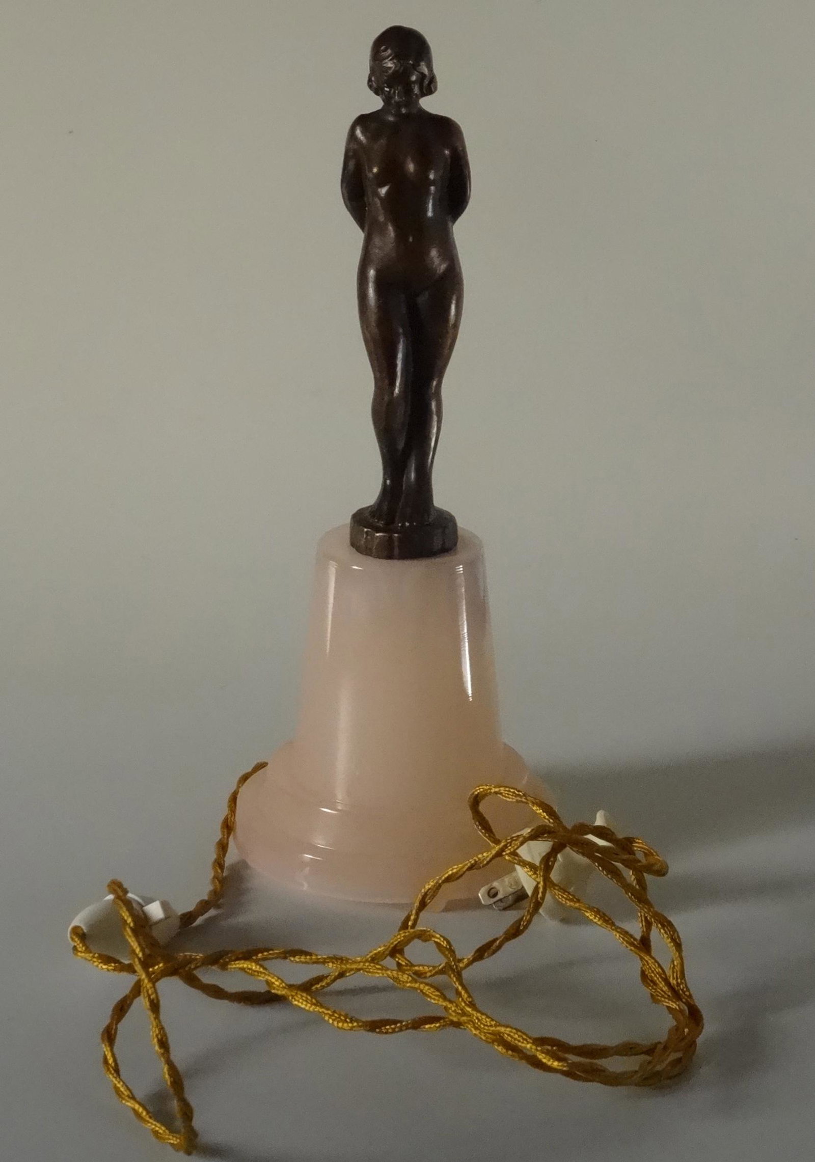 Art Deco Nude Boudoir Night Light On Pink Glass Base: Art Deco Nude Boudoir Night Light On Pink Glass Base Approximately 11 1/2 inches tall and 4 7/16 inches in diameter; 6 feet and 6 inches cord.