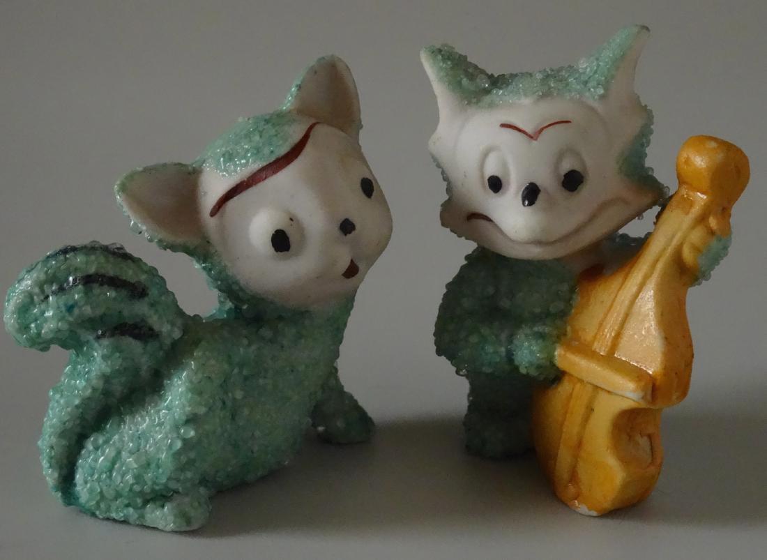 Green Musical Cat Sugared Porcelain Figurines Vintage: Green Musical Cat Sugared Porcelain Figurines Vintage 40s Serenade Made in Japan Pair Approximately 2 3/8 and 2 3/16 inches tall.