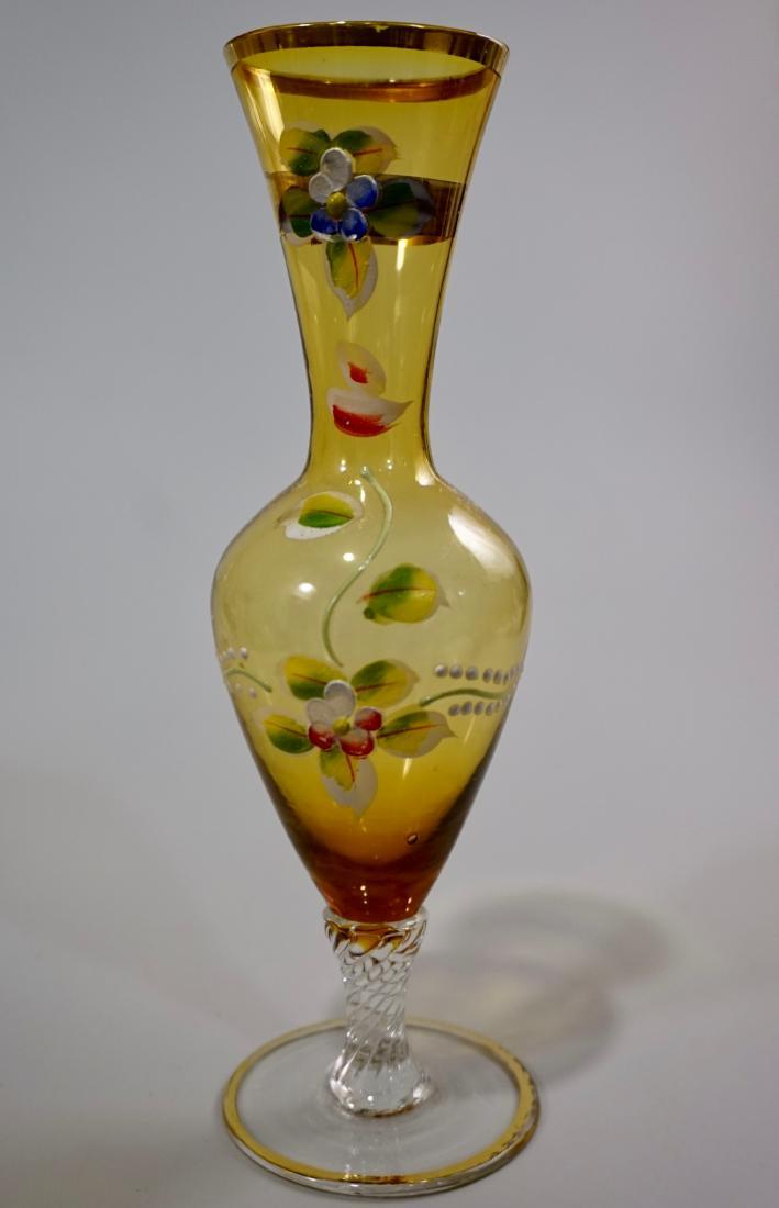 Italian Yellow Art Glass Bud Vase Twisted Stem Enamel: Italian Yellow Art Glass Bud Vase Twisted Stem Enamel Decoration Approximately 8 inches tall.