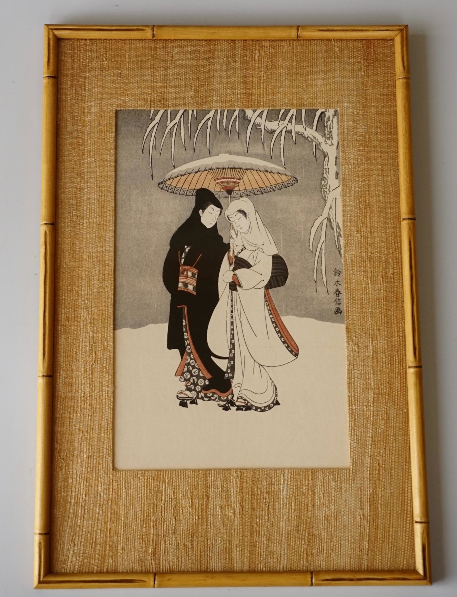 Suzuki Harunobu Polychrome Woodblock Print Lovers: Suzuki Harunobu Polychrome Woodblock Print Lovers Walking in the Snow (Crow and Heron) Suzuki Harunobu (Japanese, 1725_1770) vintage reproduction framed under glass. Actual image approximately 7 3/8 x