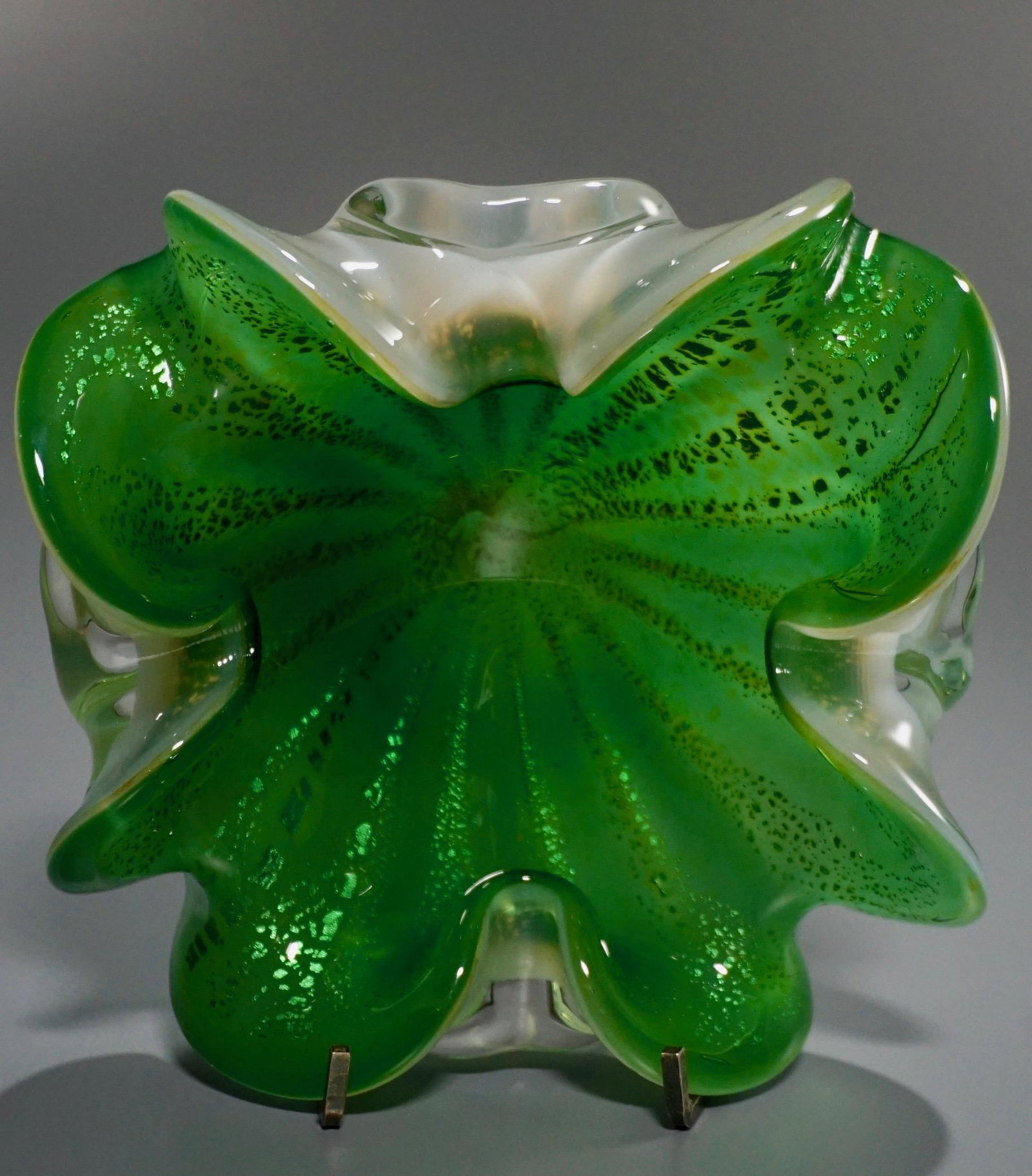 Fine Italian Murano Smoked Cased Green Art Glass Bowl: Fine Italian Murano Smoked Cased Green Art Glass Bowl Silver Infused Approximately 3 1/4 inches tall x 7 1/8 inches across.
