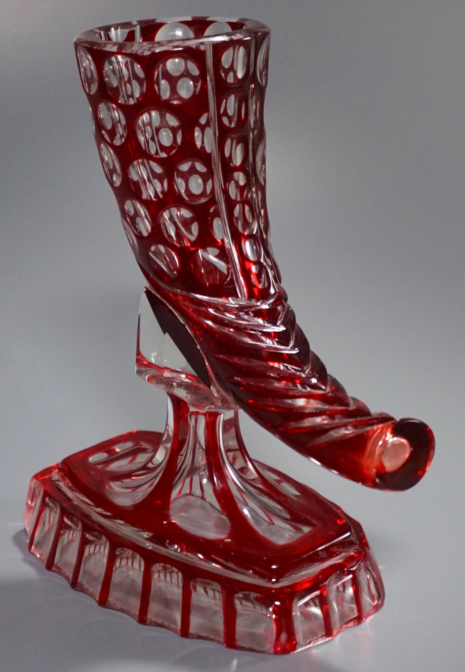 Red Bohemian Cornucopia Vase Horn of Plenty Cut to: Red Bohemian Cornucopia Vase Horn of Plenty Cut to Clear Art Glass Approximately 7 1/16 x 3 9/16 x 8 inches tall.