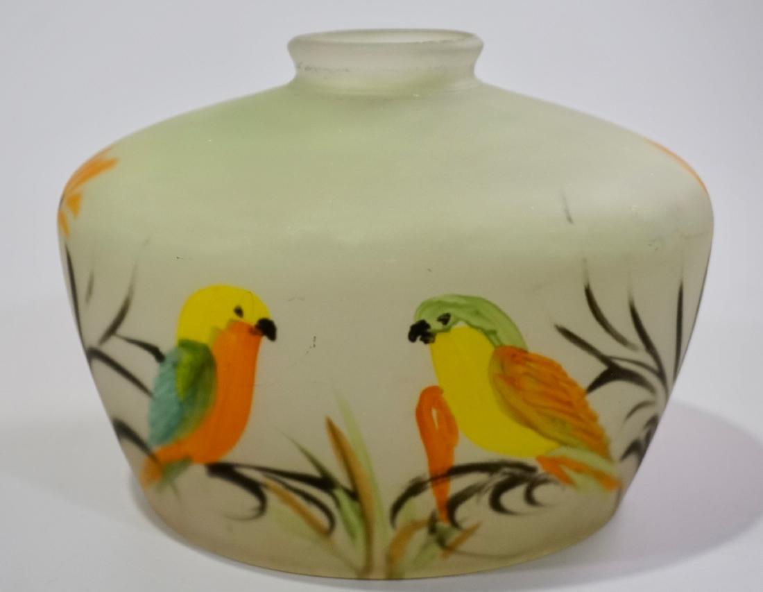 Art Deco Parrot Reverse Painted Lamp Shade Frosted: Art Deco Parrot Reverse Painted Lamp Shade Frosted Glass Approximately 5 3/4 x 7 1/4 inches in diameter; 2 1/4 fitter x 1 1/2 inches opening.