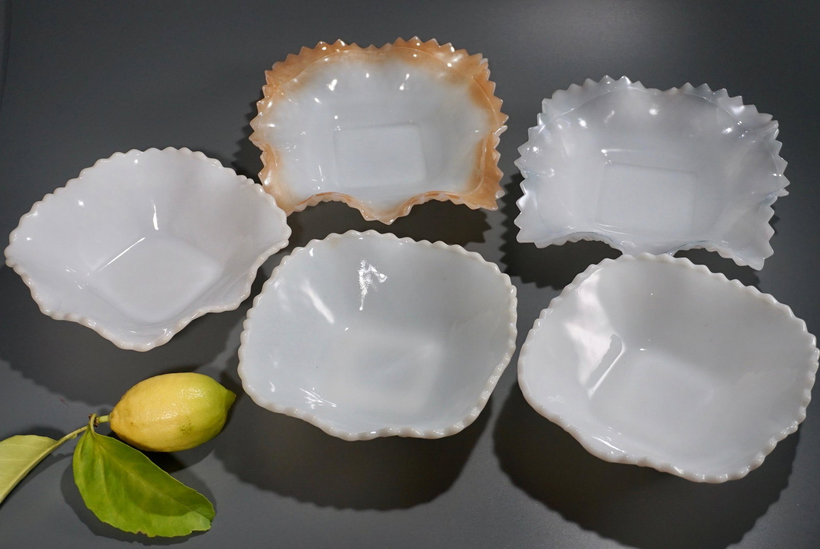 Collection of Vintage Milk Glass Lot of 5 Hazel-Atlas: Collection of Vintage Milk Glass Lot of 5 Hazel-Atlas Diamond Dishes Quilt Milk Bowls Approximately 6 1/16 x 6 1/16 and 6 13/16 x 6 13/16 inches.