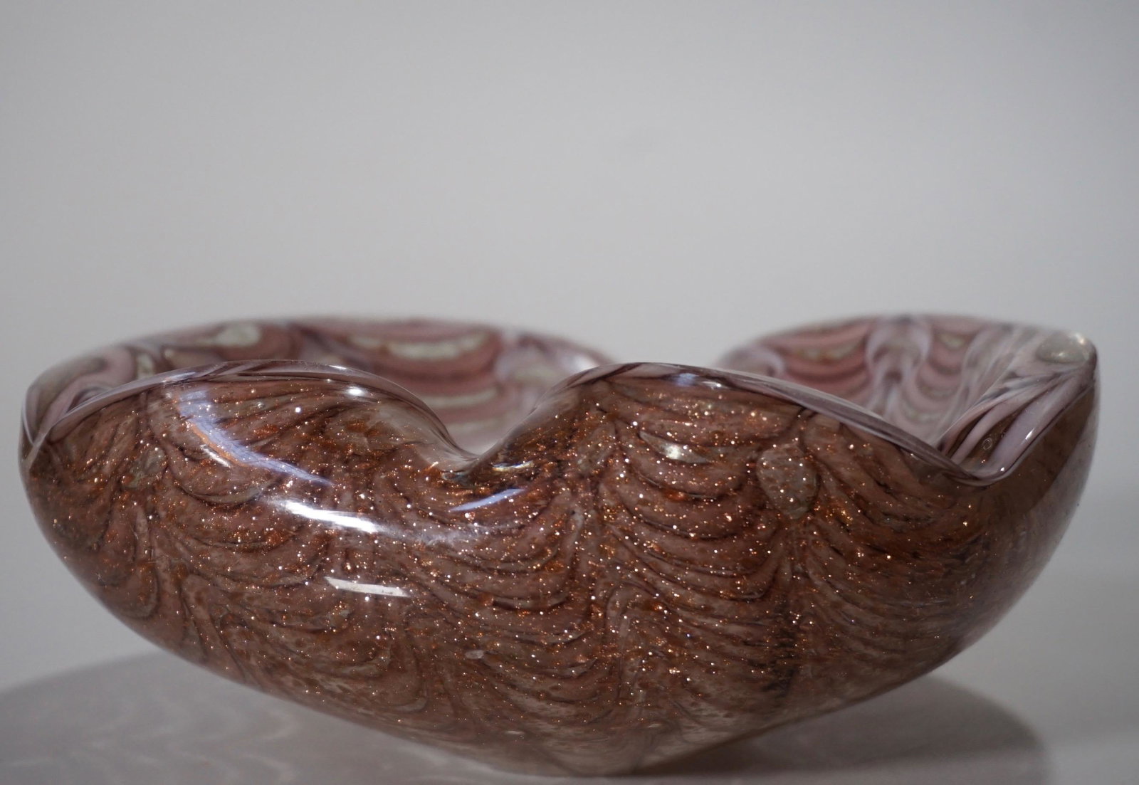 Mid Century Murano Art Glass Large Ashtray Pink Bowl: Mid Century Murano Art Glass Large Ashtray Bowl Pink Spider Web Aventurine Speckled Polished Pontil Approximately 6 13/16 x 6 13/16 x 2 1/2 inches tall.