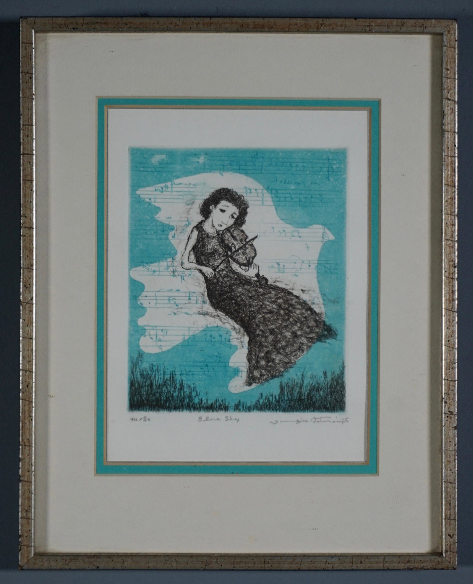Junsuke Watarai Japan 1935 Limited Signed Print Blu Sky: Junsuke Watarai Japan 1935 Limited Signed Print Blu Sky Original Intaglio Visible image is approximately 6 13/16 x 9 5/16 inches; 11 1/2 x 14 5/8 inches framed.