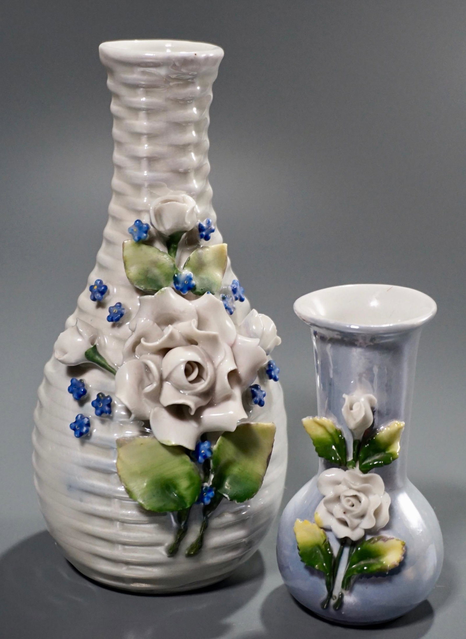 German Lustreware Iridescent Porcelain Miniature Vases: German Lustreware Iridescent Porcelain Miniature Vases Applied Flowers Approximately 5 7/8 and 3 1/2 inches tall.