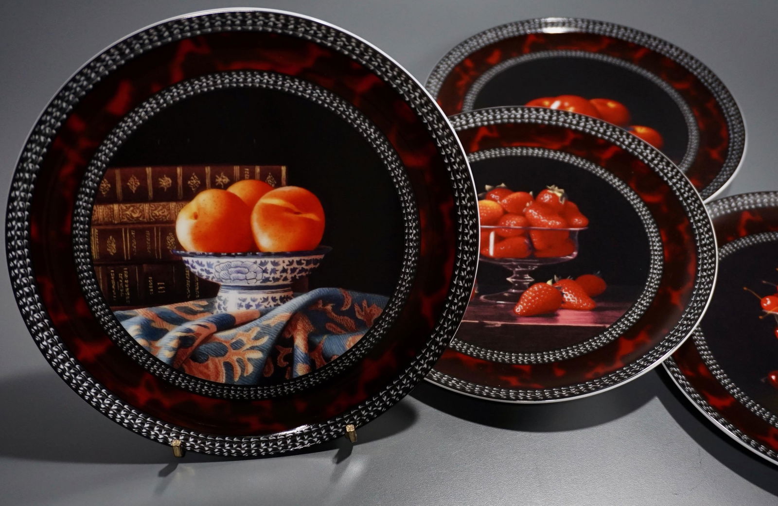 Bernardaud Limoges Porcelain Jean Claude Chauray French: Bernardaud Limoges Porcelain Jean Claude Chauray French Fruit Plate Lot of 4 Colorful Plates Approximately 7 9/16 inches in diameter.
