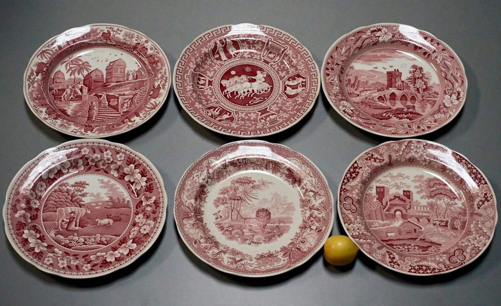 Spode Archive Copper Plate Engraved Scenic Plate Lot of: Spode Archive Copper Plate Engraved Scenic Plate Lot of 6 Tradition Series Red Transferware Scalloped Dinner Plates Approximately 10 5/16 inches in diameter.