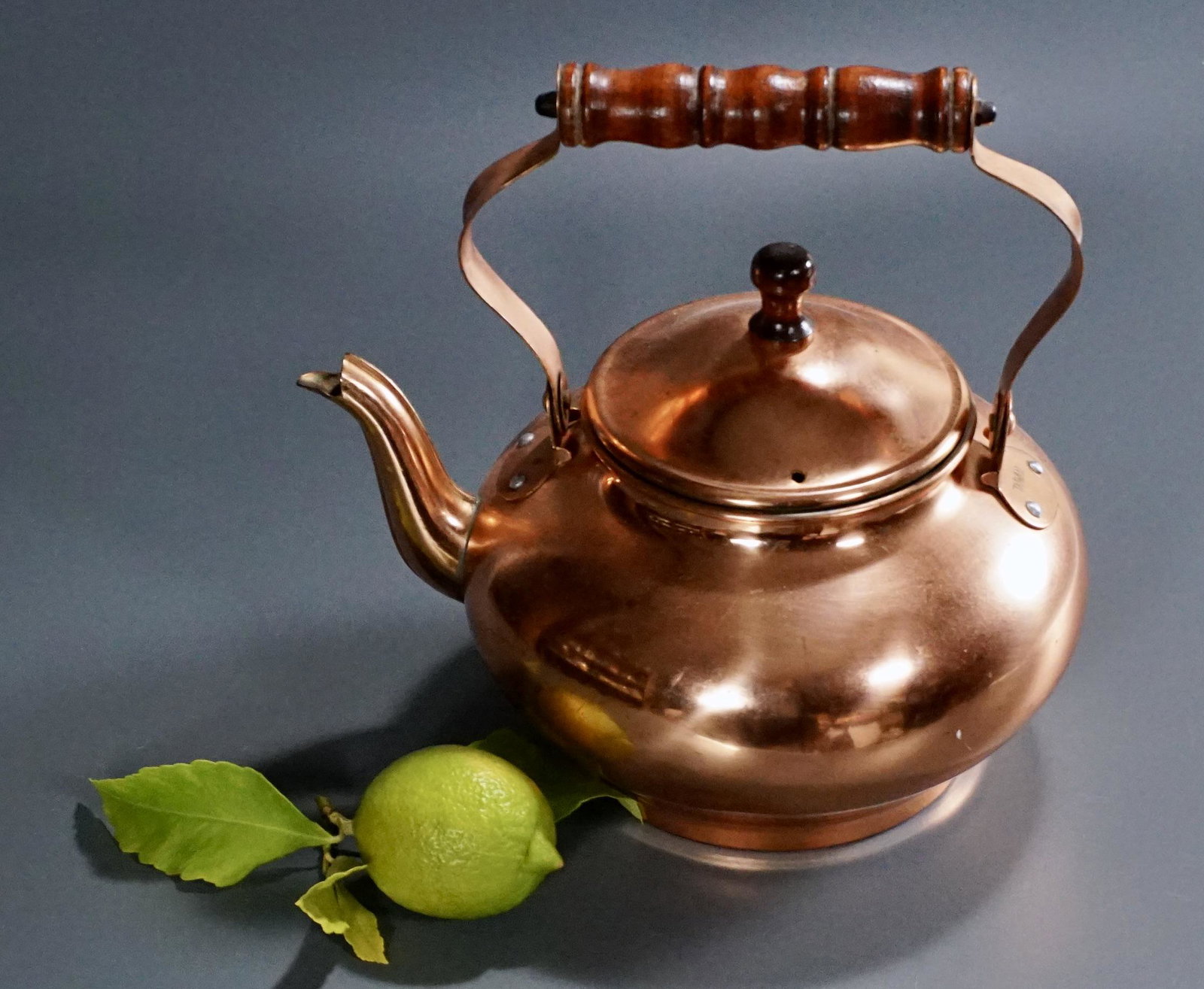Copper Kettle: Copper Kettle Approximately 8 5/16 x 6 1/4 x 8 5/8 inches tall with the handle.