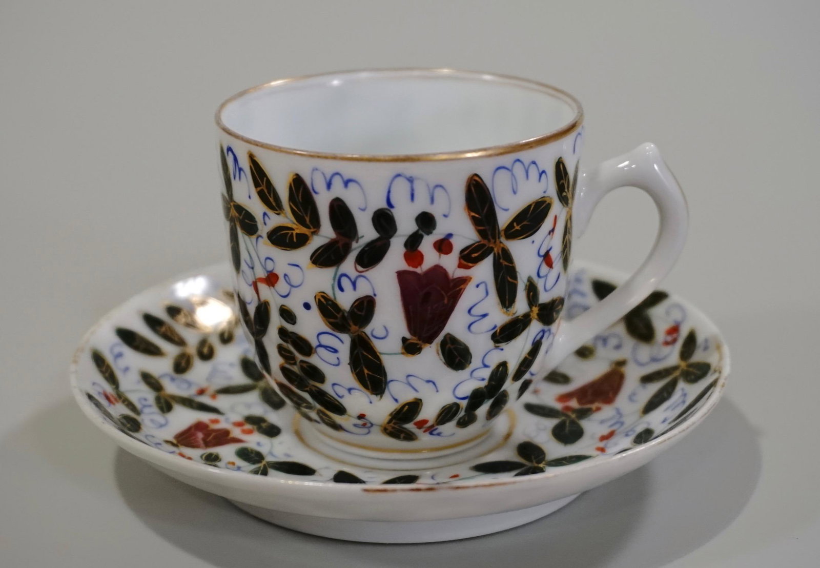 Antique Thin Porcelain Coffee Cup For Turkish Market: Antique Thin Porcelain Coffee Cup For Turkish Market Vienna Beehive Mark Cup is approximately 3 x 2 1/4 x 2 1/8 inches tall; saucer is about 4 1/8 inches in diameter.