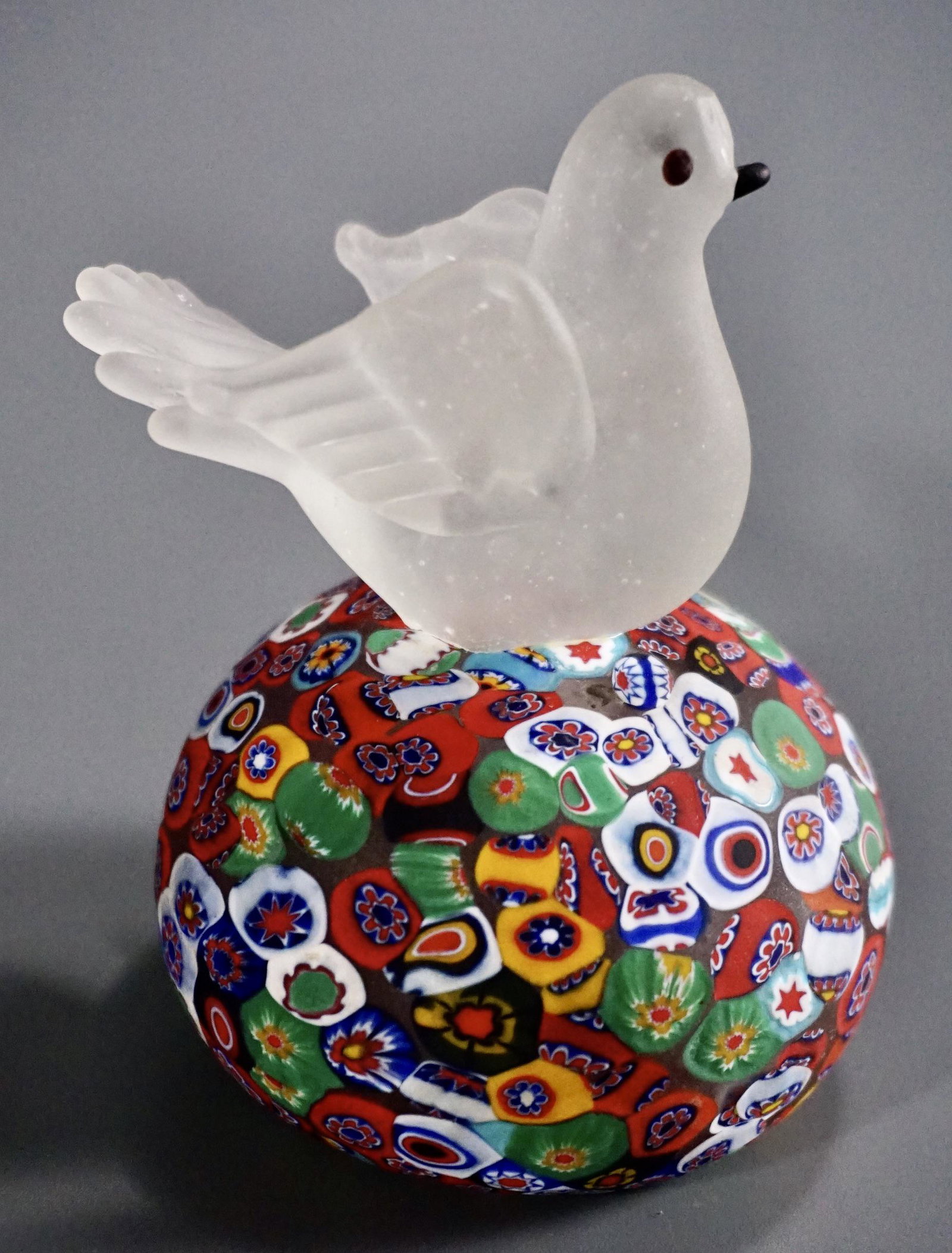 Murano Dove Millefiori Paperweight Italian Art Glass: Murano Dove Millefiori Paperweight Italian Art Glass Approximately 4 1/8 inches tall.