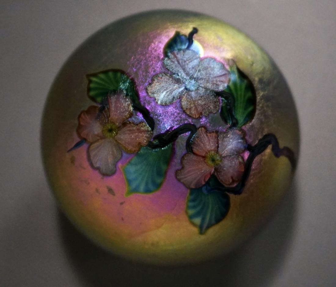 Sakura Blossom Iridescent Paperweight Lundberg Studios: Sakura Blossom Iridescent Paperweight Lundberg Studios Art Glass Approximately 2 7/8 inches tall.