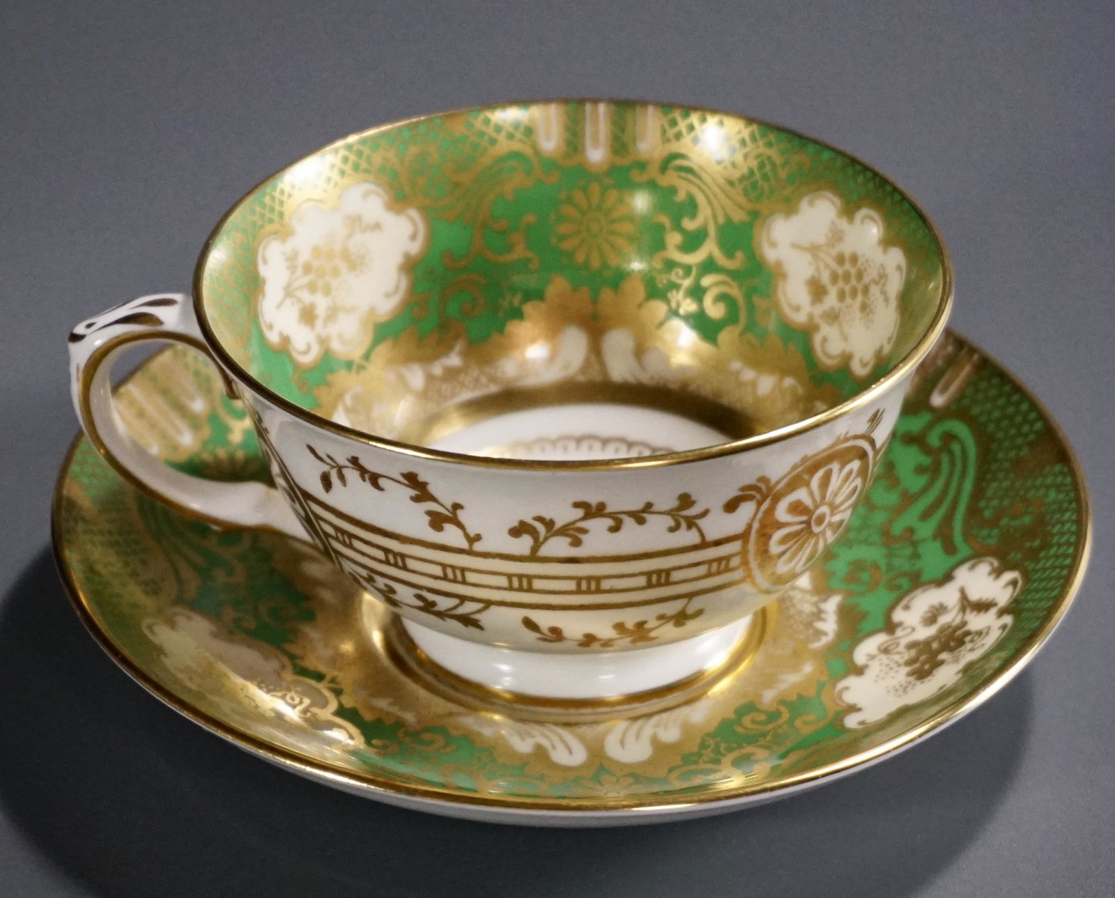 Crown Staffordshire Fine Bone China Green Tea Cup &: Crown Staffordshire Fine Bone China Green Tea Cup & Saucer Cup is approximately 4 5/8 x 4 x 2 inches tall; the saucer is approximately 5 5/8 inches in diameter.