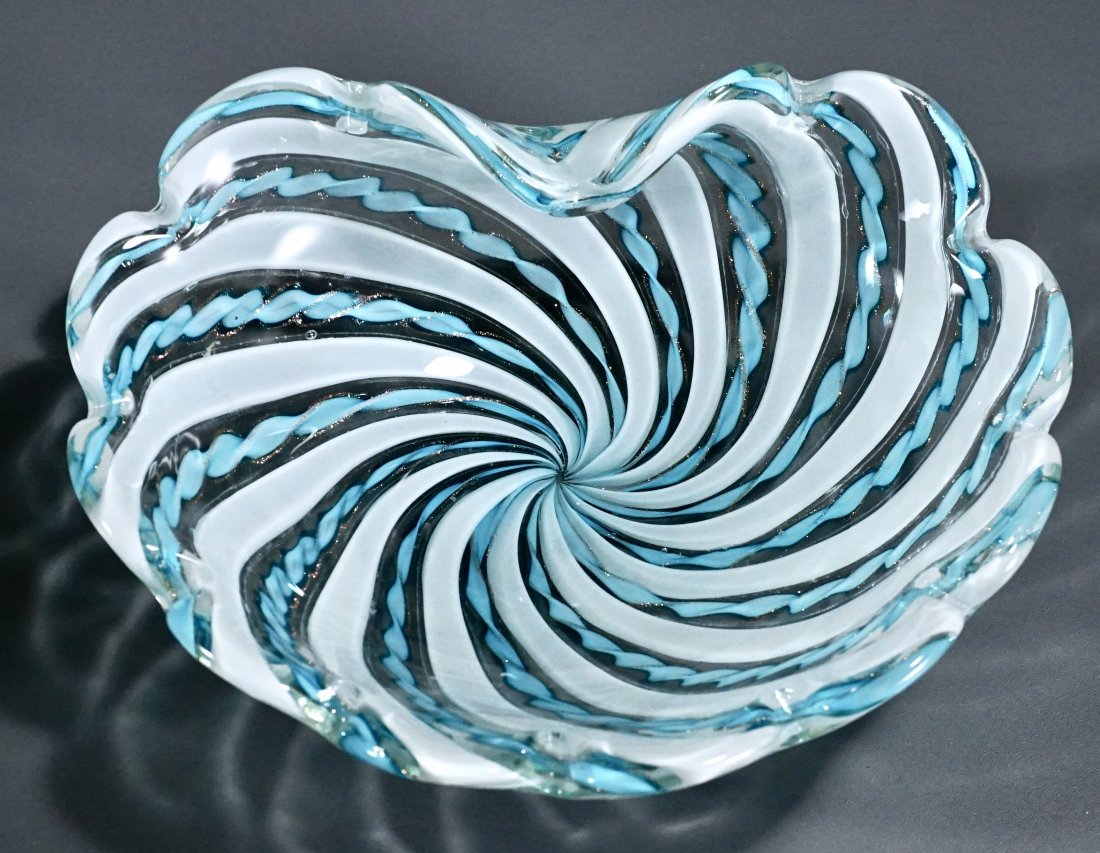Blue Ribbon Cane Aventurine Vintage Italian Murano Art: Blue Ribbon Cane Aventurine Vintage Italian Murano Art Glass Bowl Approximately 7 3/4 x 6 1/4 x 2 3/4 inches tall.