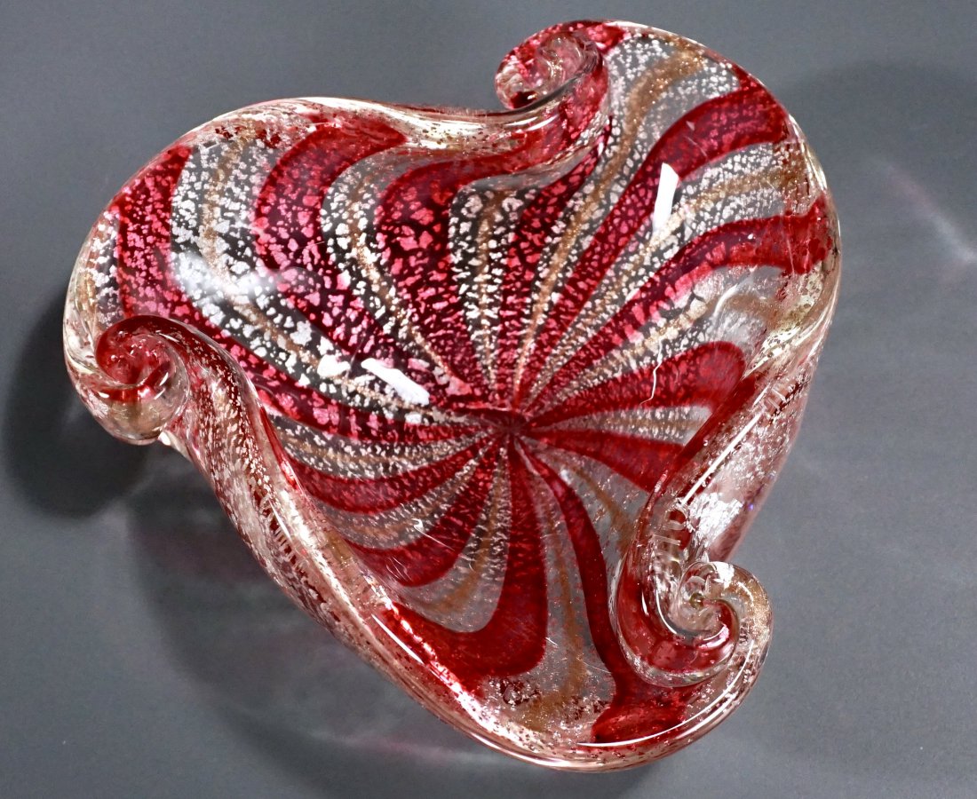 Cranberry Silver Flakes Tricorn Murano Glass Bowl: Cranberry Silver Flakes Tricorn Murano Bowl Vintage Italian Art Glass Approximately 6 5/8 x 6 x 2 3/4 inches tall.