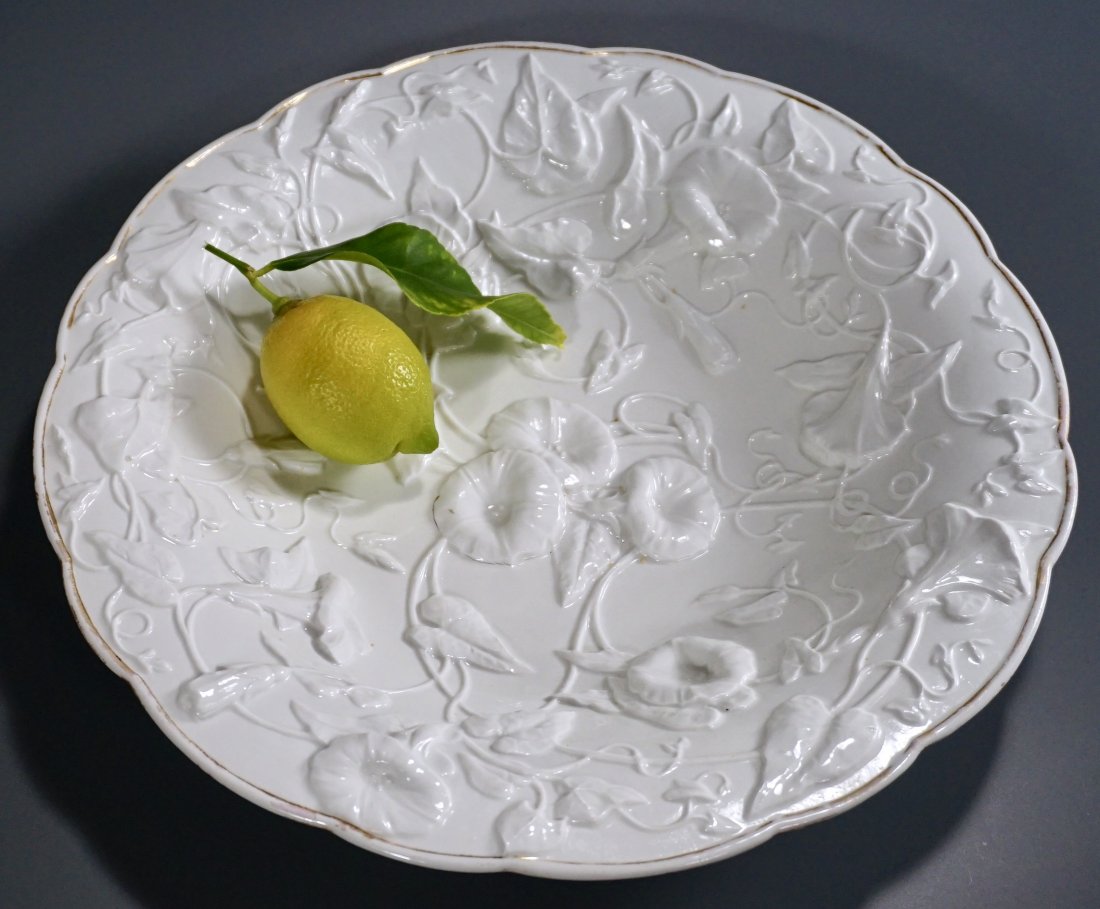 Meissen Porcelain Bowl White Embossed Morning Glory: Meissen Porcelain Bowl White Embossed Morning Glory Approximately 1 3/4 x 11 1/2 inches in diameter.