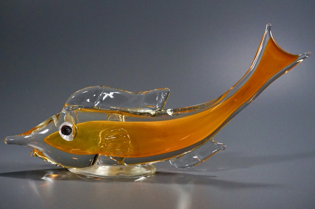 Orange Fish Italian Mid Century Art Glass Paperweight: Orange Fish Italian Mid Century Art Glass Sculpture Paperweight Approximately 11 3/4 x 2 x 5 3/4 inches tall.