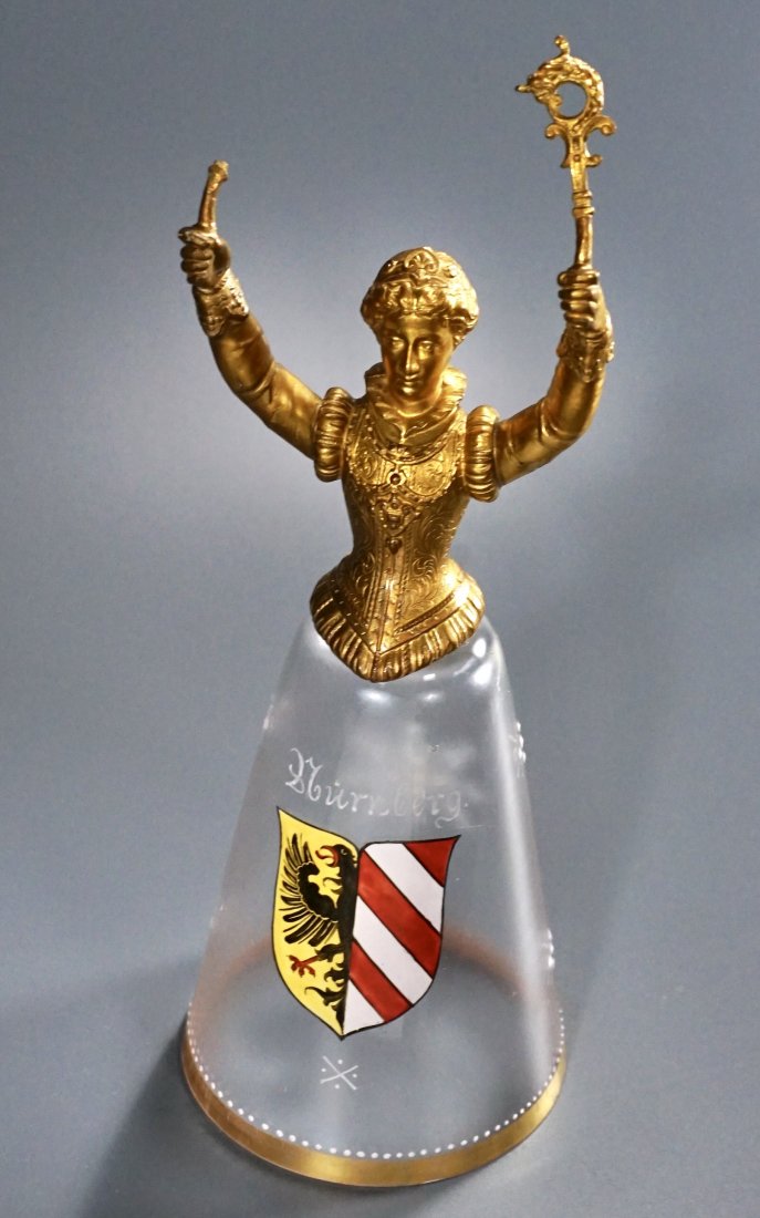 German Nuremberg Lady Toasting Cup Chalice Enamel Paint: German Nuremberg Lady Toasting Cup Chalice Enamel Painted Glass Base Approximately 10 3/4 inches tall x 3 7/8 inches in diameter.