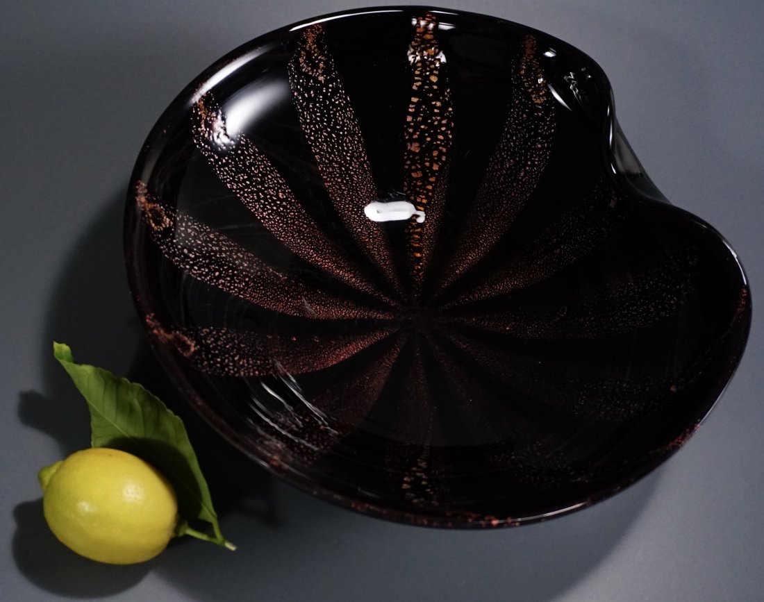 Fratelli Toso Copper Aventurine Black Murano Art Glass: Fratelli Toso Copper Aventurine Black Murano Art Glass Bowl black Murano glass is most expensive in production and hard to find. Approximately 9 3/4 x 9 1/4 x 2 3/4 inches tall.