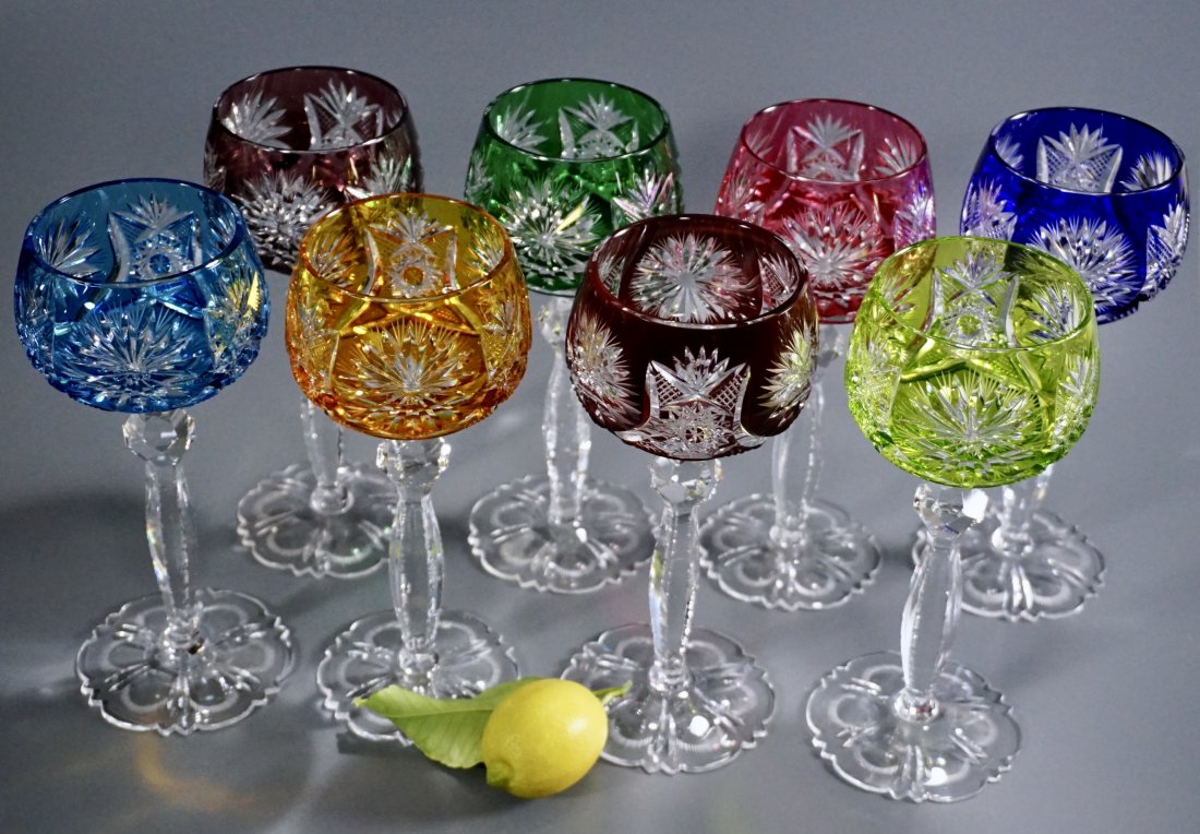 Val St Lambert Cut to Clear Cased Crystal Notched Stem: Val St Lambert Cut to Clear Cased Crystal Notched Stem Colorful Hock Wine Glass Set of 8 Glasses Approximately 7 5/8 inches tall.