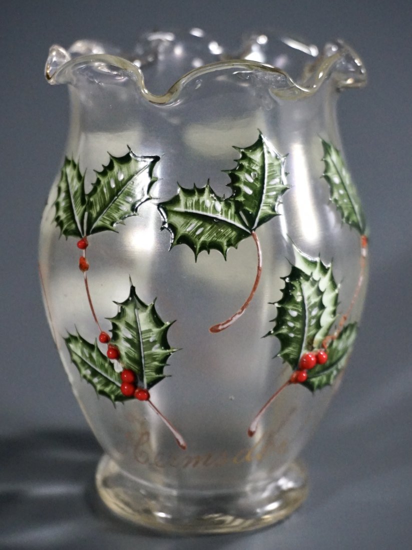 Antique German Hermsdorf Kynast Christmas Holly Enamel: Antique German Hermsdorf Kynast Christmas Holly Embossed Enamel Painted Art Glass Vase Approximately 4 3/4 inches tall.