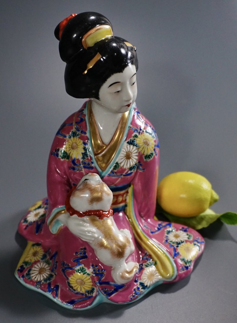 Geisha with Pekingese Dog Kutani Porcelain Figurine (1 of 10)