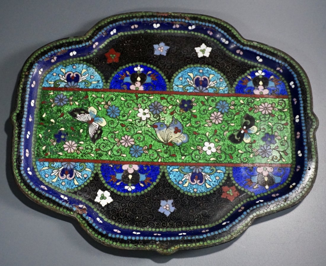 Japanese Meiji Cloisonne Enamel Butterfly Motif Tray: Japanese Meiji Cloisonne Enamel Butterfly Motif Tray Approximately 9 1/2 x 8 1/4 inches.