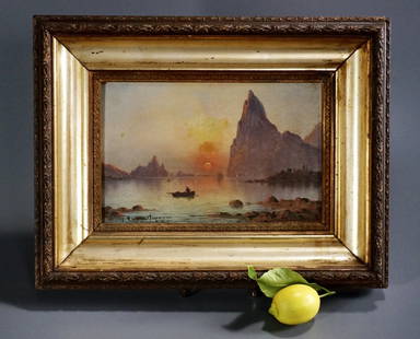 Nils Hans Christiansen 1850 1922 Danish Fiord at Sunset: Nils Hans Christiansen 1850 - 1922 Danish A Fiord at Sunset Oil on Board Painting Boat Silhouette Original Frame Approximately 9 1/4 x 6 inches; 14 1/4 x 11 inches framed.