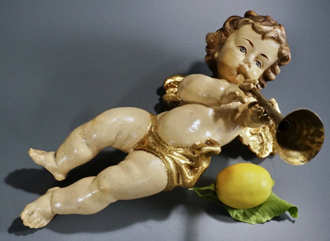 Italian Carved Wood Trumpeting Angel Painted Cherub (1 of 10)