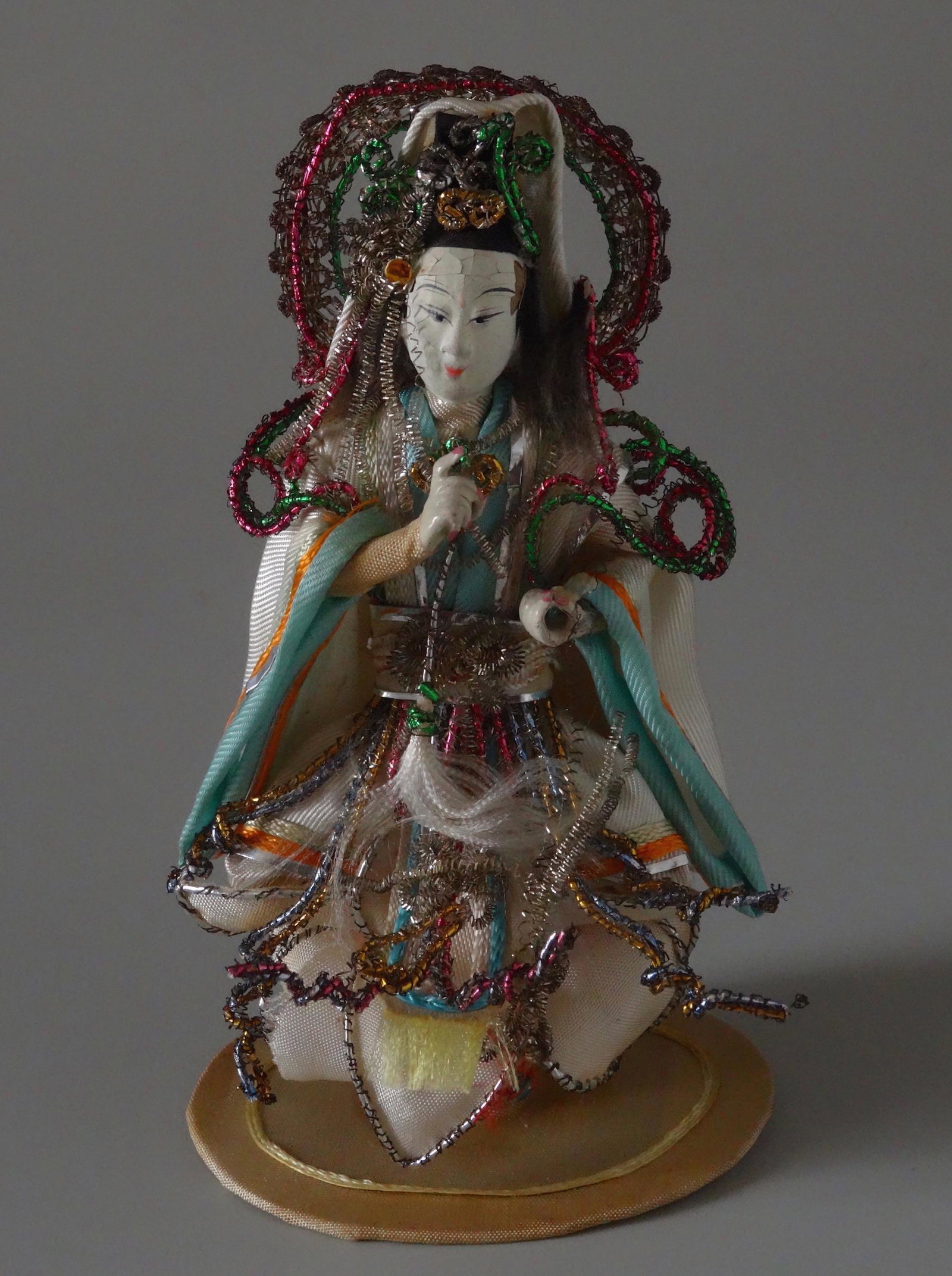 Vintage Chinese Guanyin Miniature Figurine Kwan Yin: Vintage Chinese Guanyin Miniature Figurine Kwan Yin Goddess Hand Made Tinsel and Fabric Approximately 5 3/4 inches.