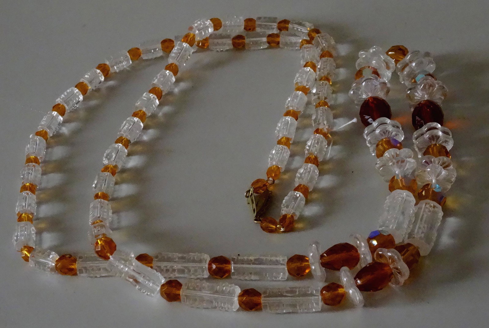 Vintage Czechoslovakian Crystal Art Deco Amber Necklace: Vintage Czechoslovakian Crystal Art Deco Amber Glass Beads Necklace c 1970 Approximately 41 1/4 inches long.