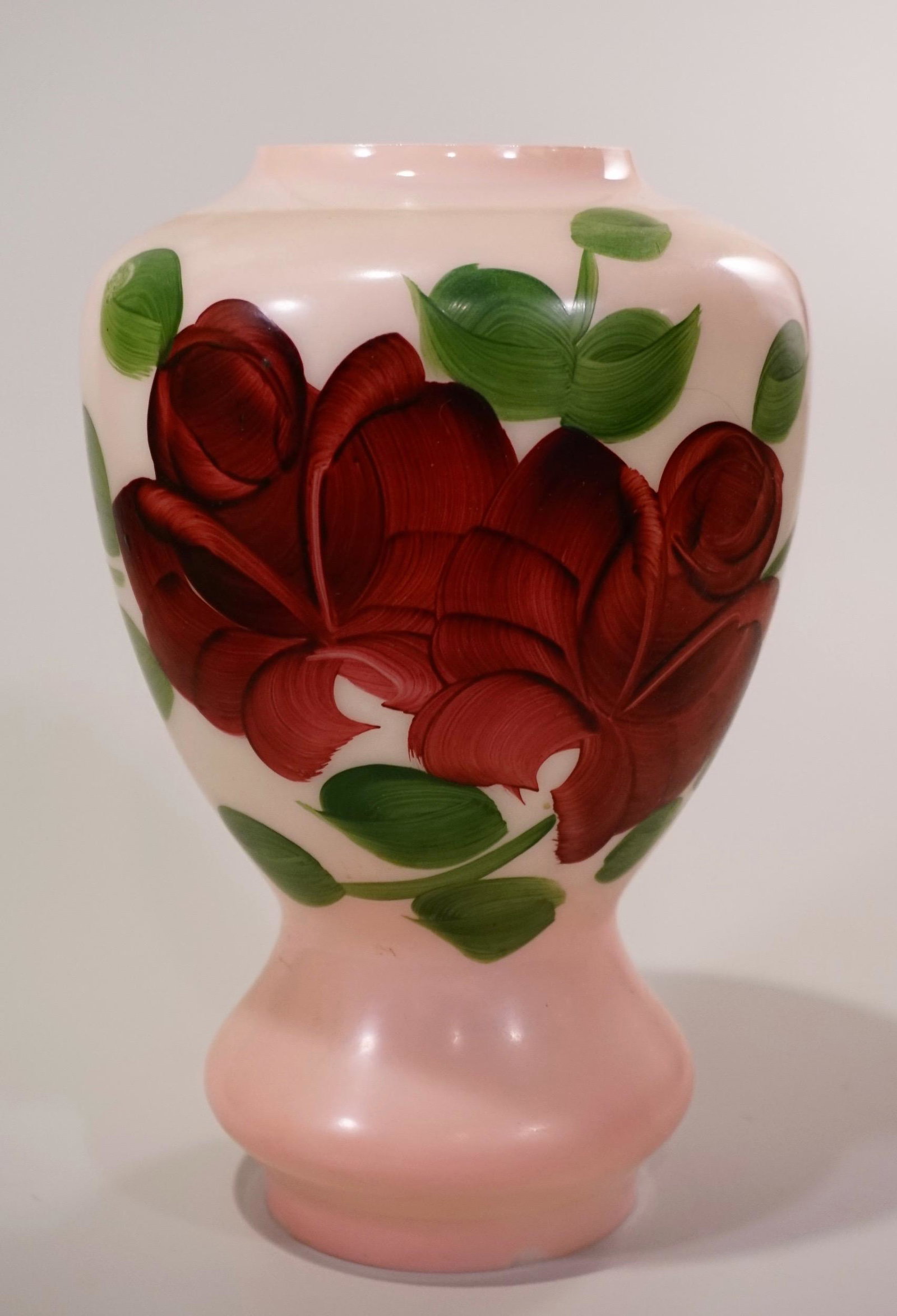Hand Painted Glass Lamp Part: Hand Painted Glass Lamp Part Approximately 8 1/4 x 5 1/2 inches in diameter; 2 13/16 and 3 1/16 inches in diameter fittings.