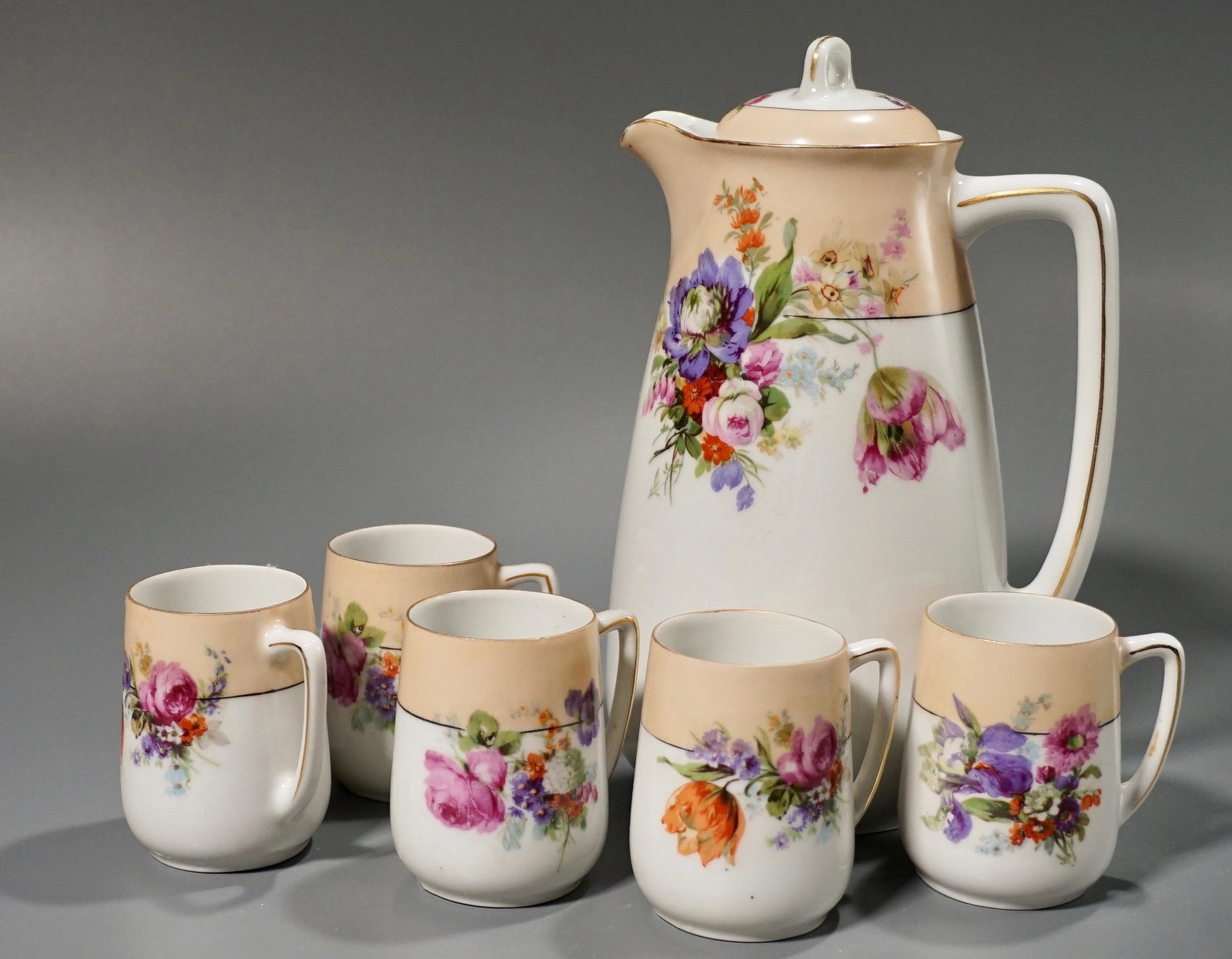 PM Bavaria Chocolate Set Pot 5 Cups Moschendorf China: PM Bavaria Chocolate Set Pot and 5 Cups Moschendorf Porcelain c1910 Cups are about 3 inches tall; pot is about 9 3/8 inches tall overall.