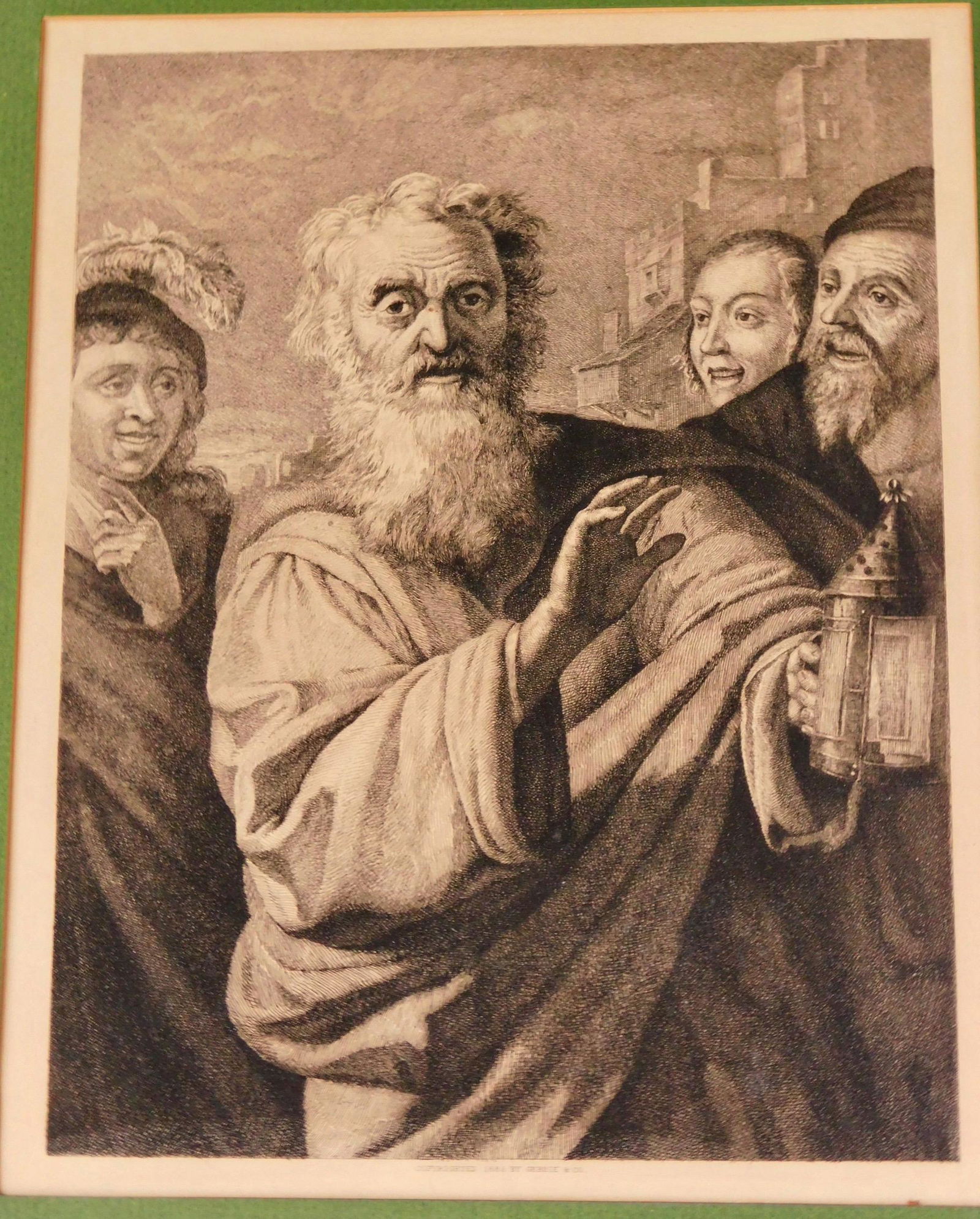 Antique 19th Century Engraving Diogenes Framed Print: Antique 19th Century Engraving Diogenes Framed Print Gebbie and Co Photogravure after the painting Diogenes in Search of an Honest Man by Salvator Rosa, etched by Max Rosenthal published by Gebbie & C