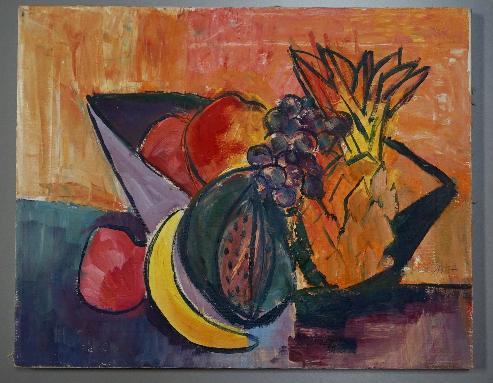Vintage Abstract Exotic Fruits Canvas Painting Mid: Vintage Abstract Exotic Fruits Canvas Painting Mid Century Still Life Art Signed Sacha Approximately 20 x 16 inches.