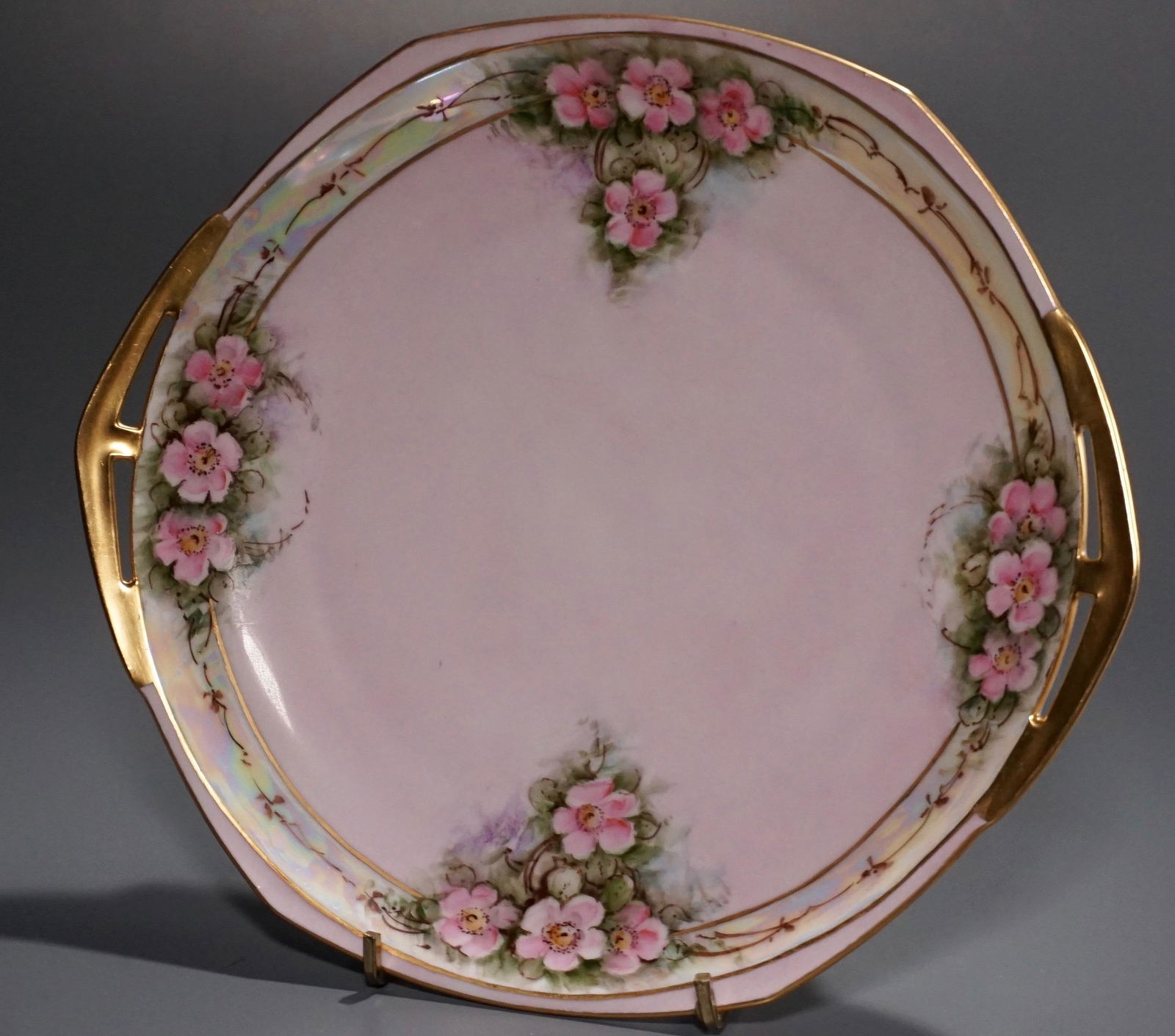 MZ Austria Hand Painted Porcelain Cake Plate Moritz: MZ Austria Hand Painted Porcelain Cake Plate Moritz Zdekauer Approximately inches 9 5/16 x 8 9/16 inches.