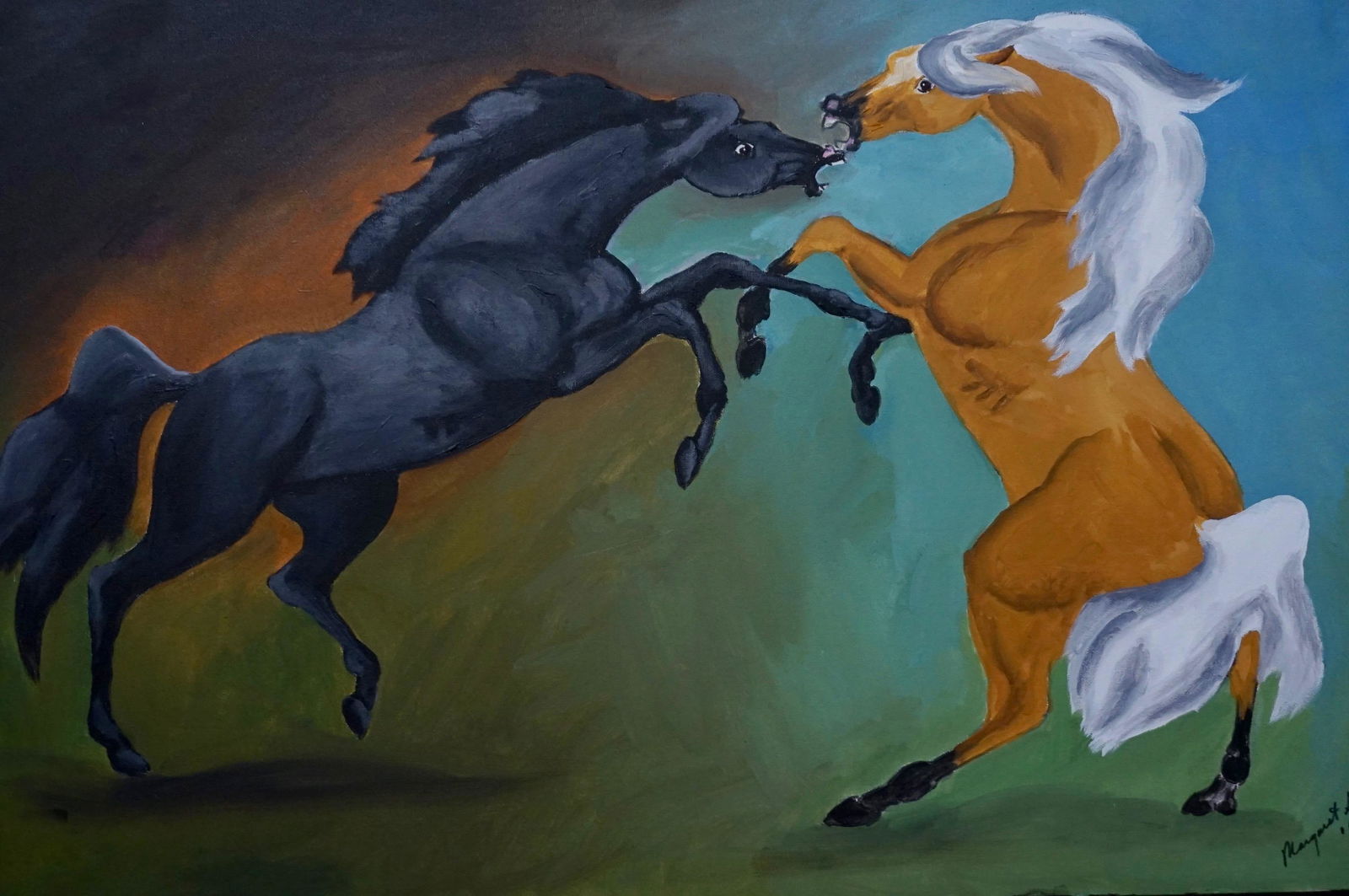 Signed Painting of Two Horses Modern (1 of 5)