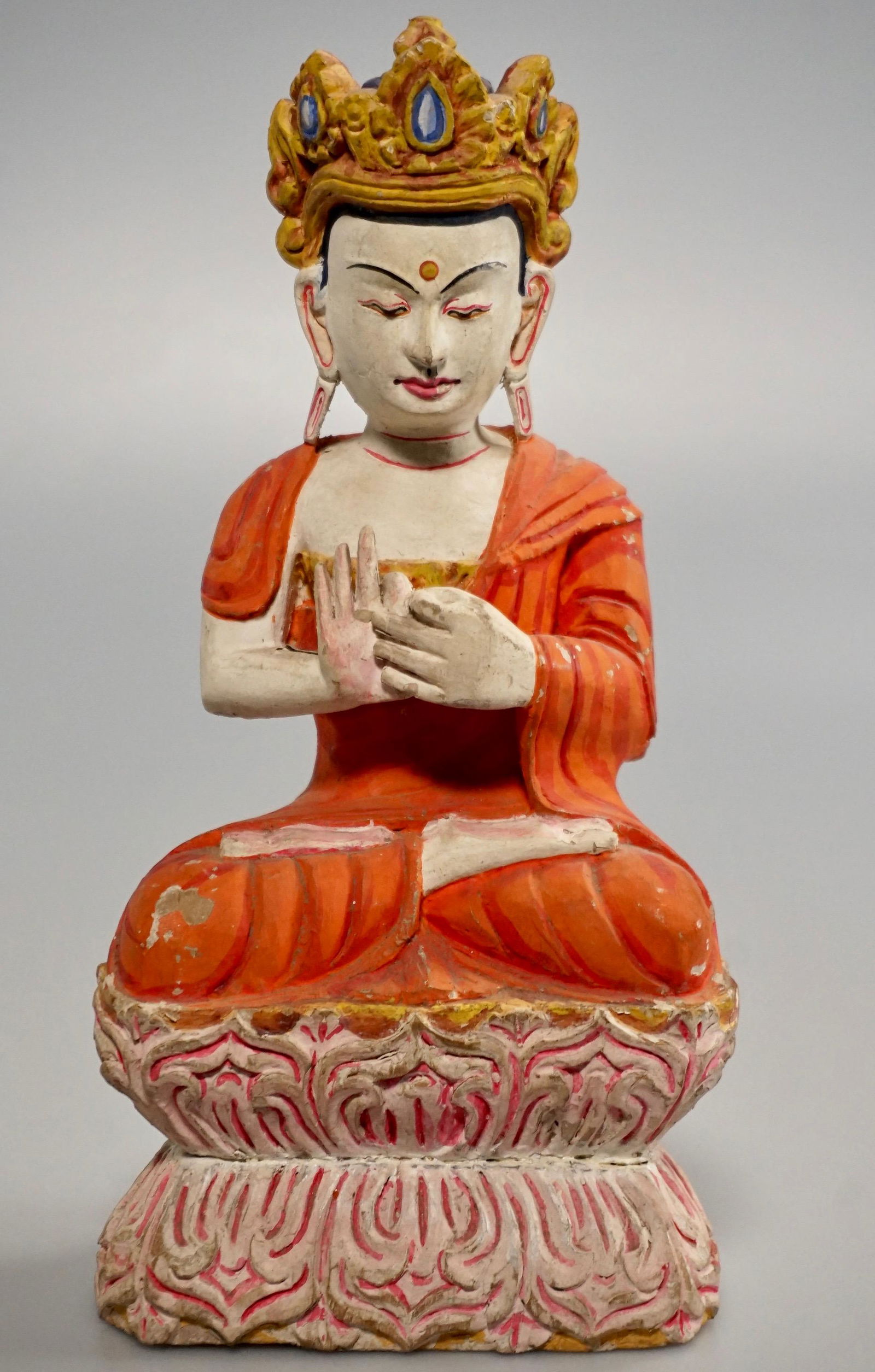 Carved Wood Buddha Statue Polychrome Hand Painted (1 of 7)