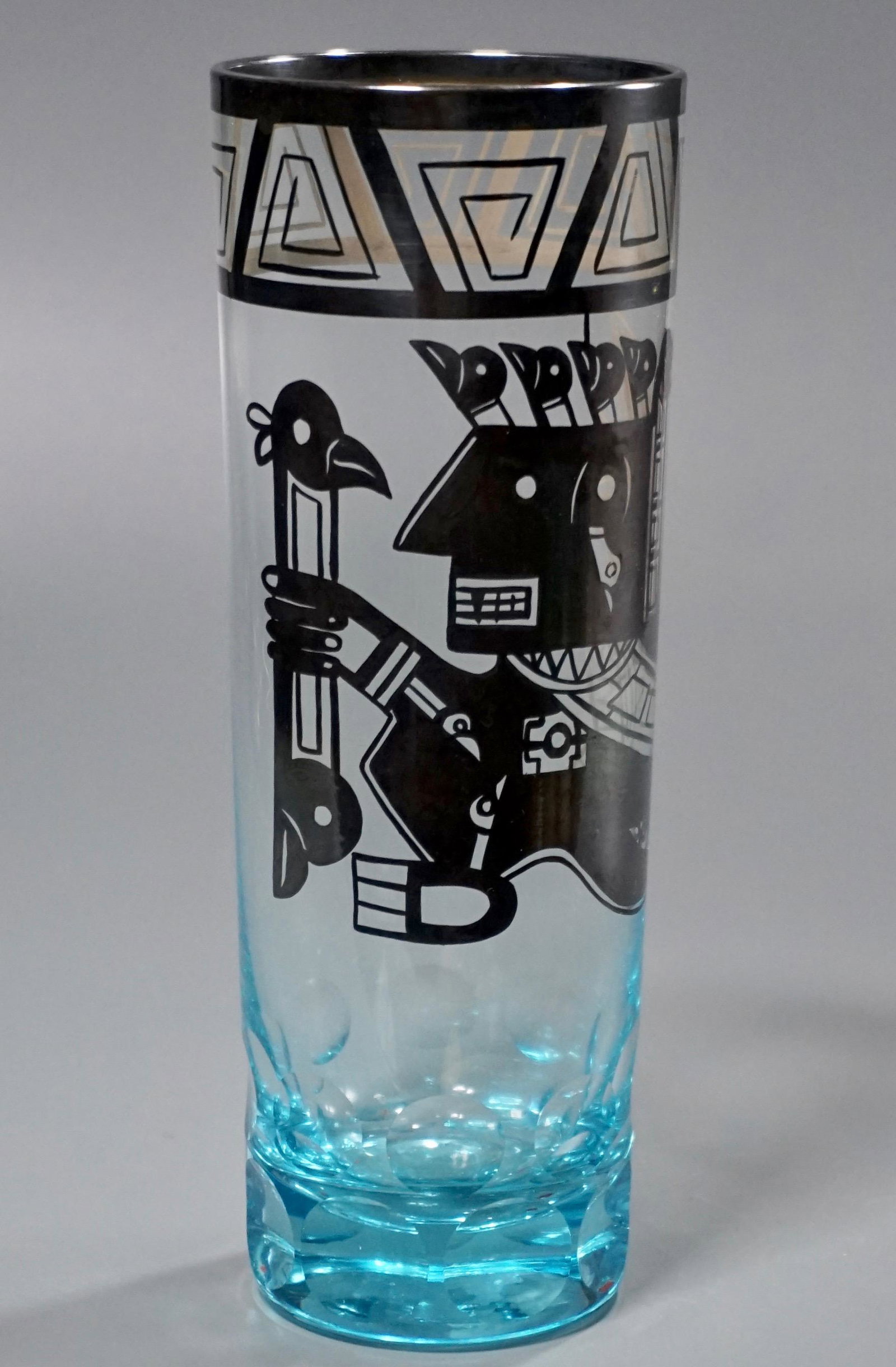 Silver Overlay Art Deco Blue Glass Vase Aztec Mayan: Silver Overlay Art Deco Blue Glass Vase Aztec Mayan Design Approximately 8 3/16 inches tall.