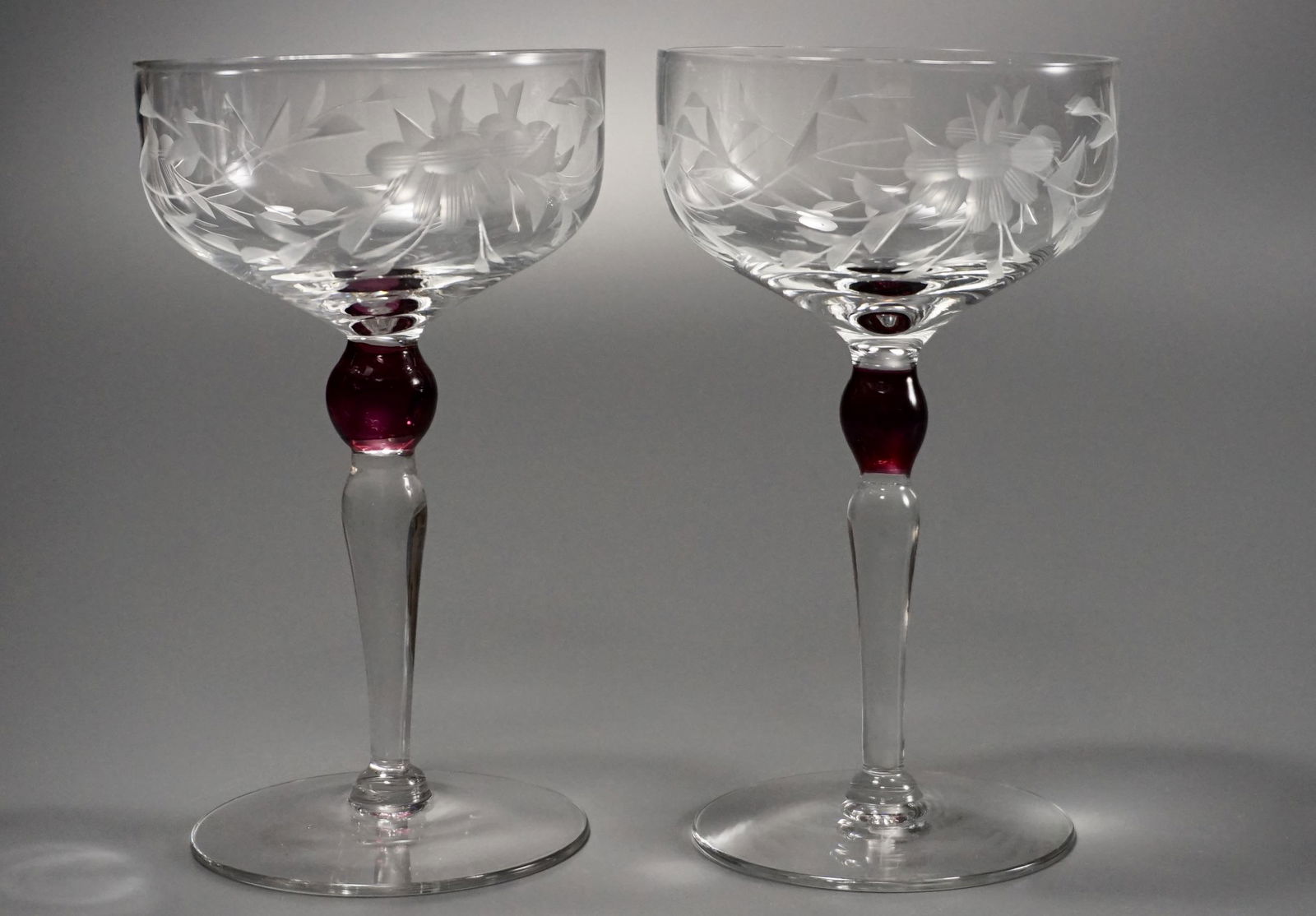 Pair Cut Glass Cocktail Glasses Cranberry Ball Stem Lot (1 of 3)