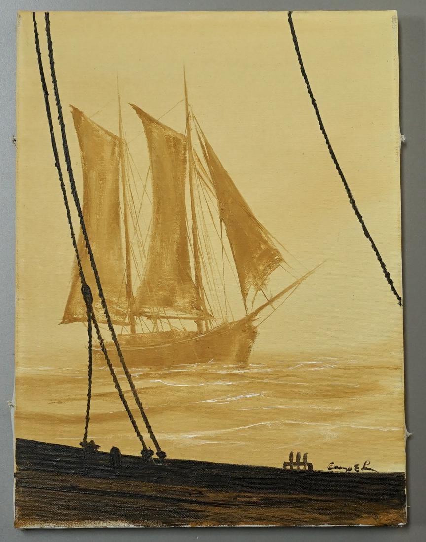 Sail Ship Silhouette Seascape Painting on Canvas: Sail Ship Silhouette Seascape Painting on Canvas Approximately 11 7/8 x 16 1/16 inches.