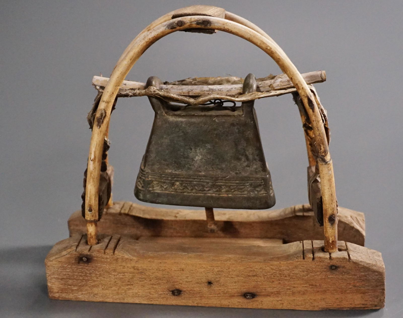 Unusual Cast Brass Temple Bell on Wooden Base (1 of 5)